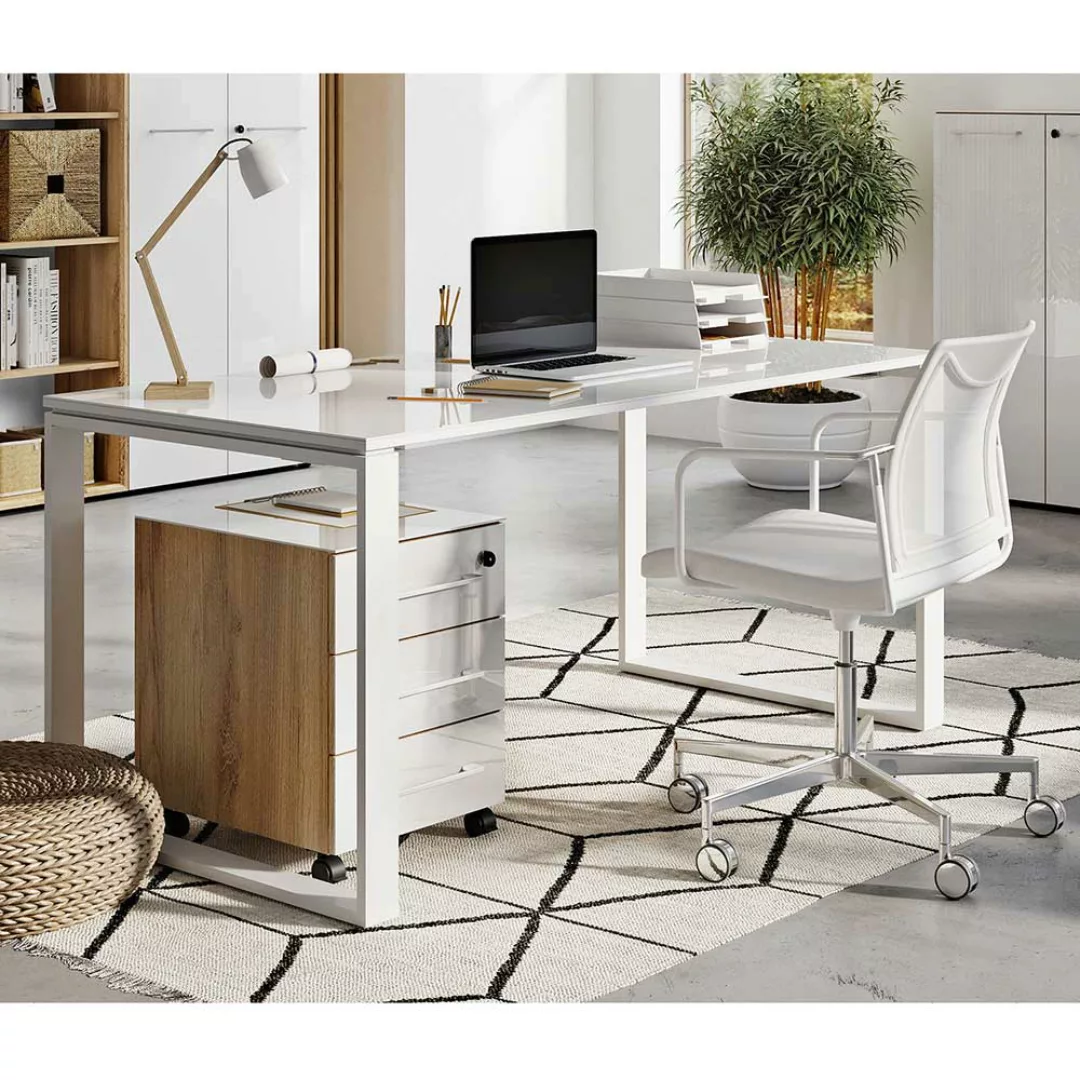Büro Schreibtisch in Weiß  und Wildeiche Optik Glas beschichtet (zweiteilig günstig online kaufen
