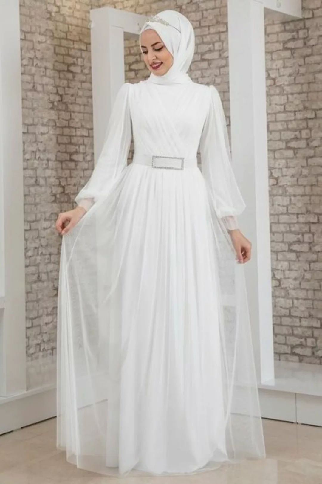fashionshowcase Brautkleid Ecru-Weiß – Langärmliges Maxikleid aus Tüll mit günstig online kaufen