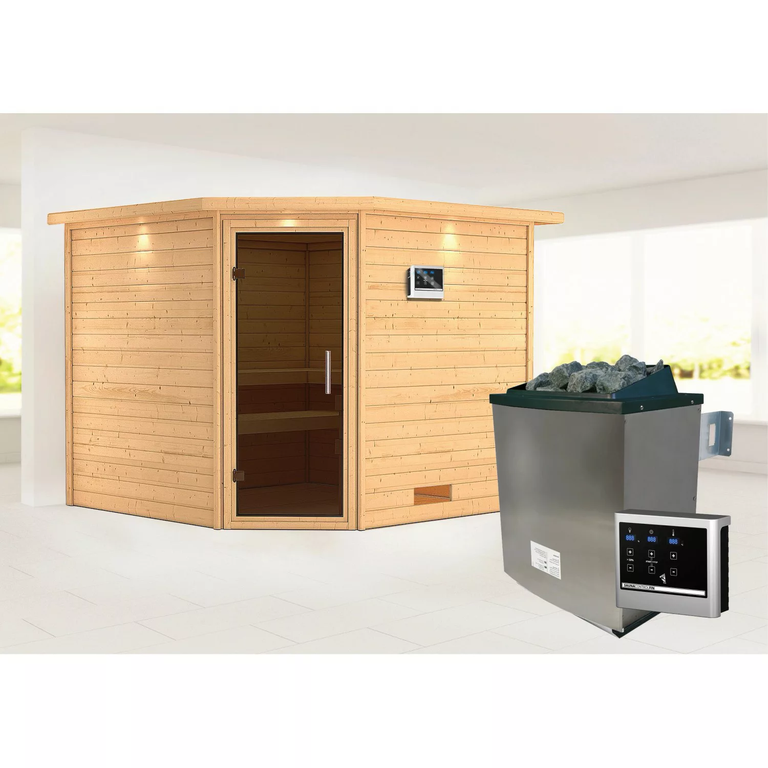 Karibu Sauna Leona LED-Dachkranz mit Ofen externe Stg.Easy Natur günstig online kaufen