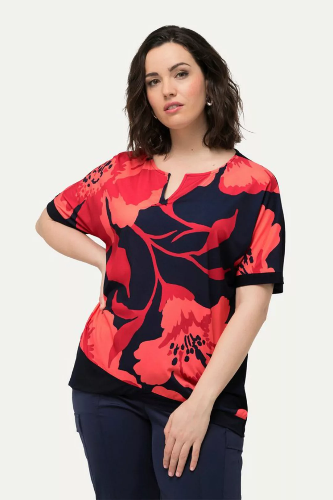 Ulla Popken Rundhalsshirt Blusenshirt Blüten Oversized Tunika-Ausschnitt günstig online kaufen