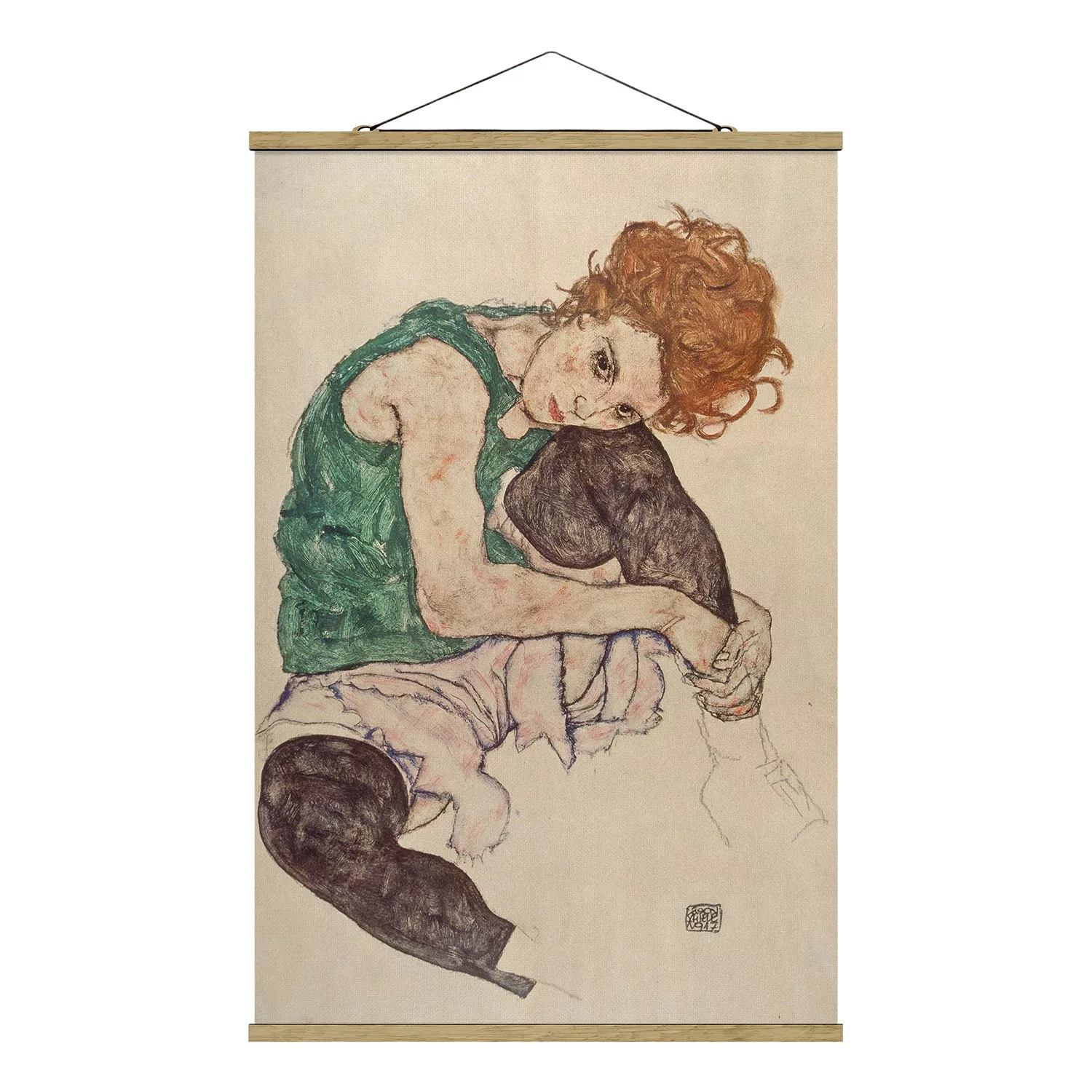 Stoffbild Kunstdruck mit Posterleisten - Hochformat Egon Schiele - Sitzende günstig online kaufen