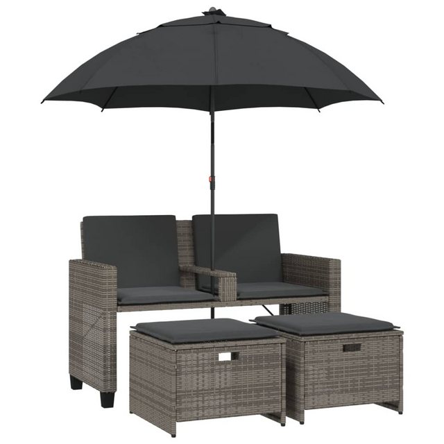 vidaXL Loungesofa Gartensofa 2-Sitzer Sonnenschirm und Hocker Grau Poly Rat günstig online kaufen