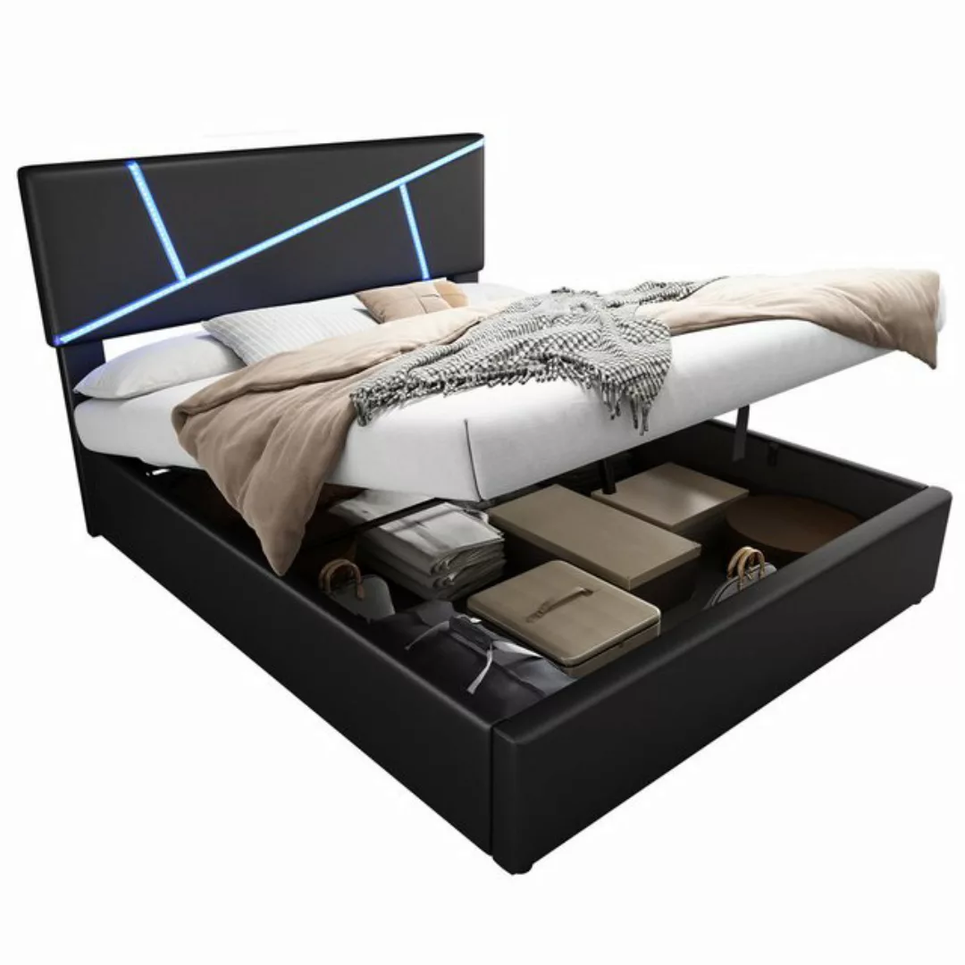 Odikalo Stauraumbett Doppelbett Polsterbett 16-LED Lattenrost Schwarz/Weiss günstig online kaufen