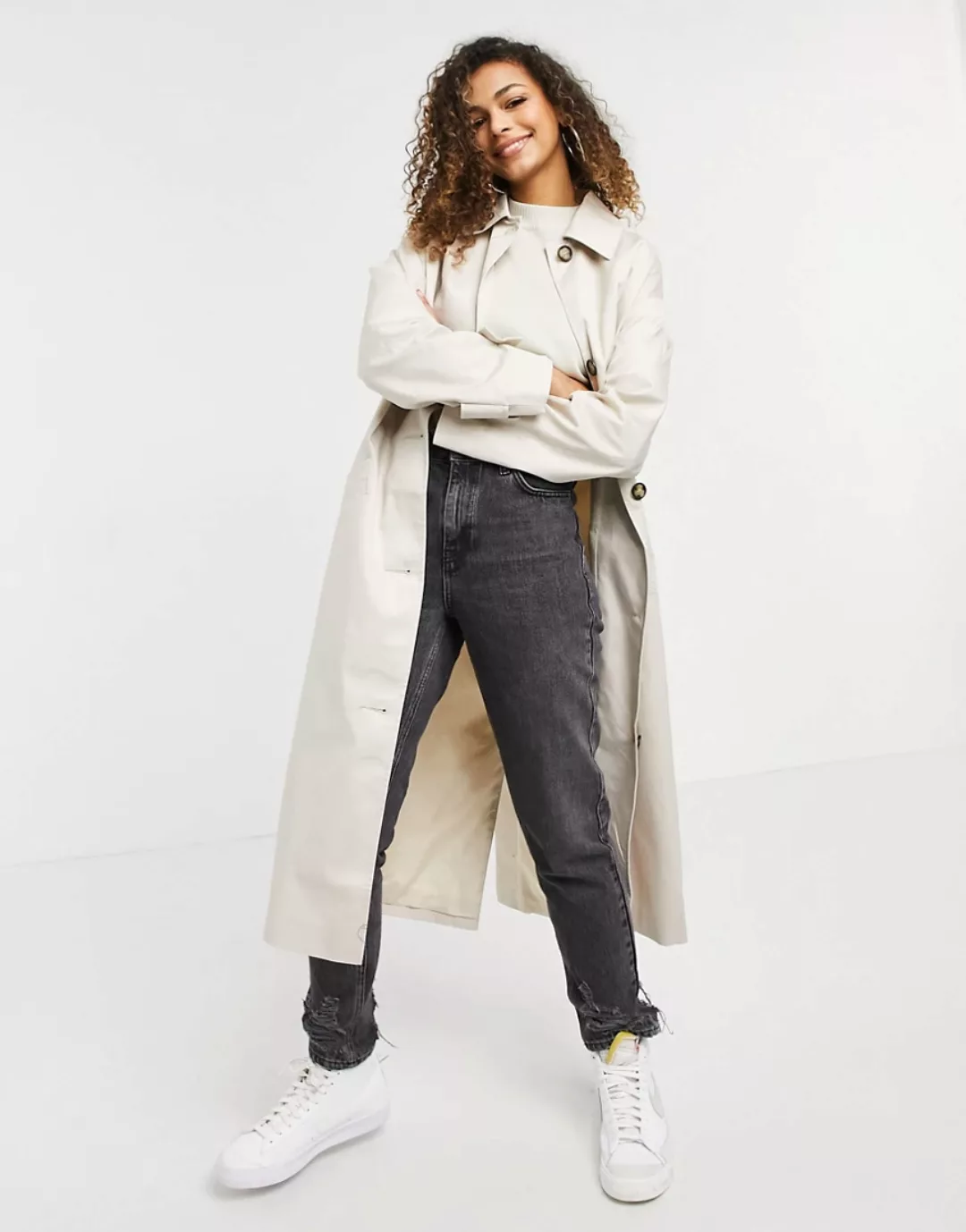 ASOS DESIGN – Langer Trenchcoat in Stone-Weiß günstig online kaufen