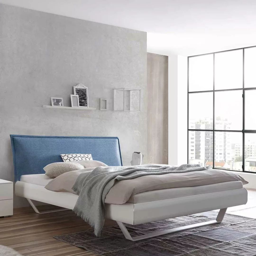 Doppelbett in Weiß Polsterkopfteil in Blau günstig online kaufen