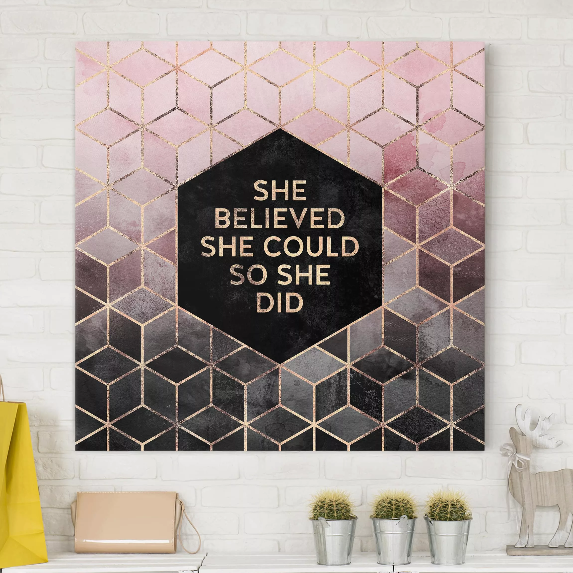 Leinwandbild Abstrakt - Quadrat She Believed She Could Rosé Gold günstig online kaufen