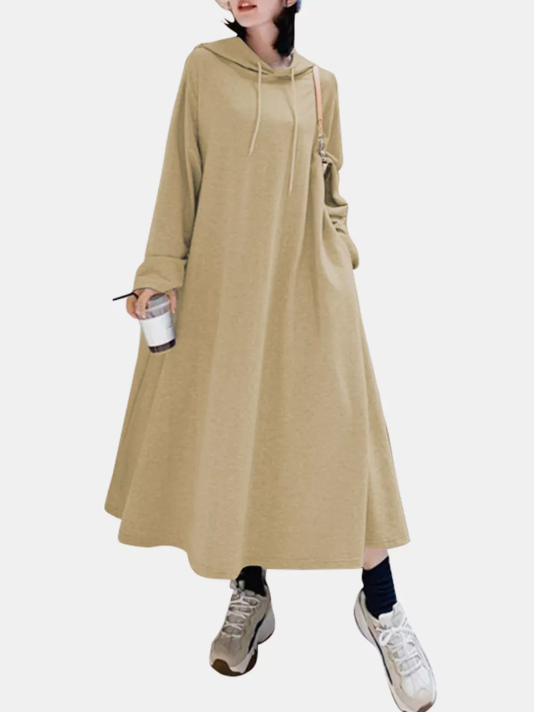 Einfarbige Kapuzen-Taschen Casual Loose Long Kapuzenpullover Kleid günstig online kaufen