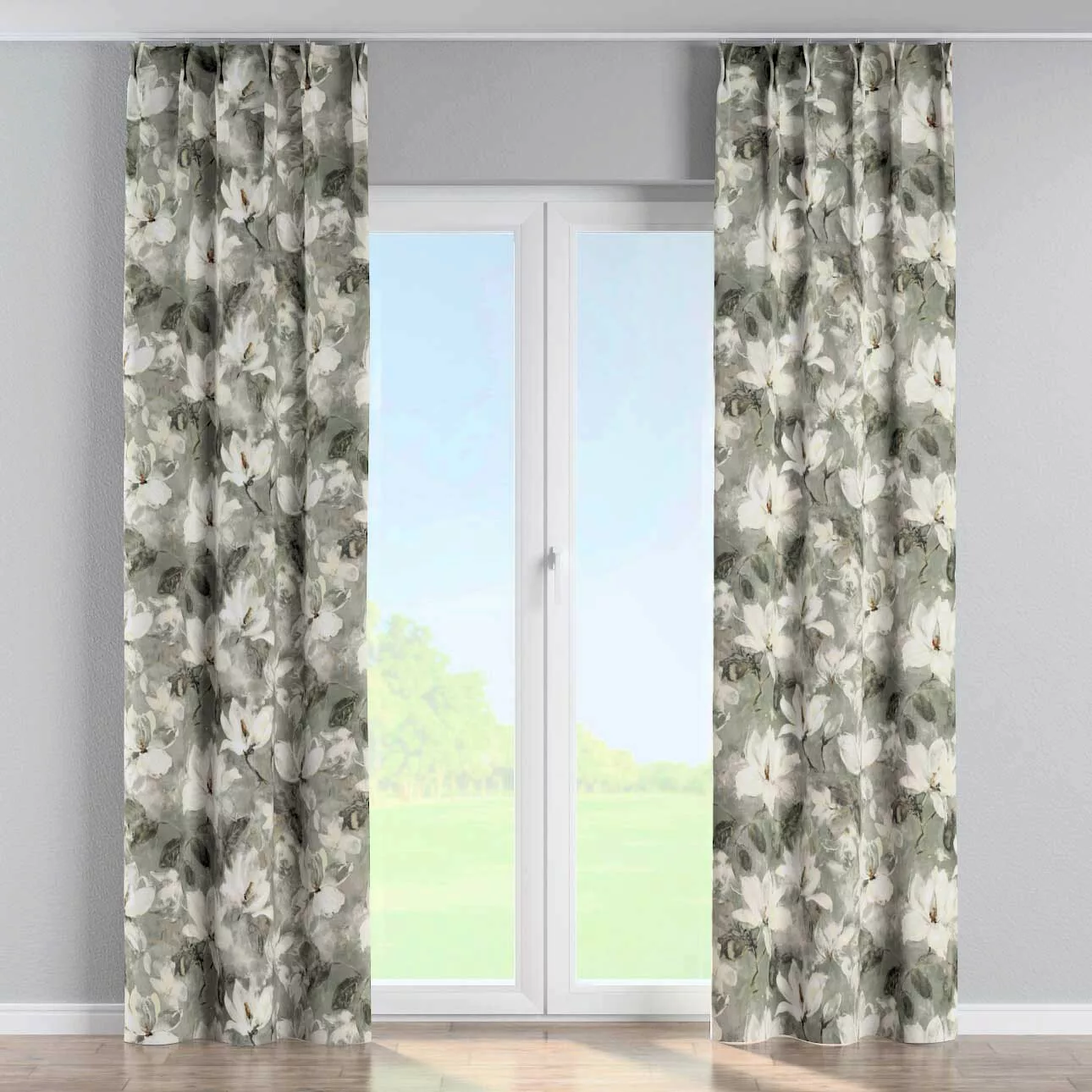 Vorhang mit flämischen 2-er Falten, grau-weiß, Velvet (184-24) günstig online kaufen