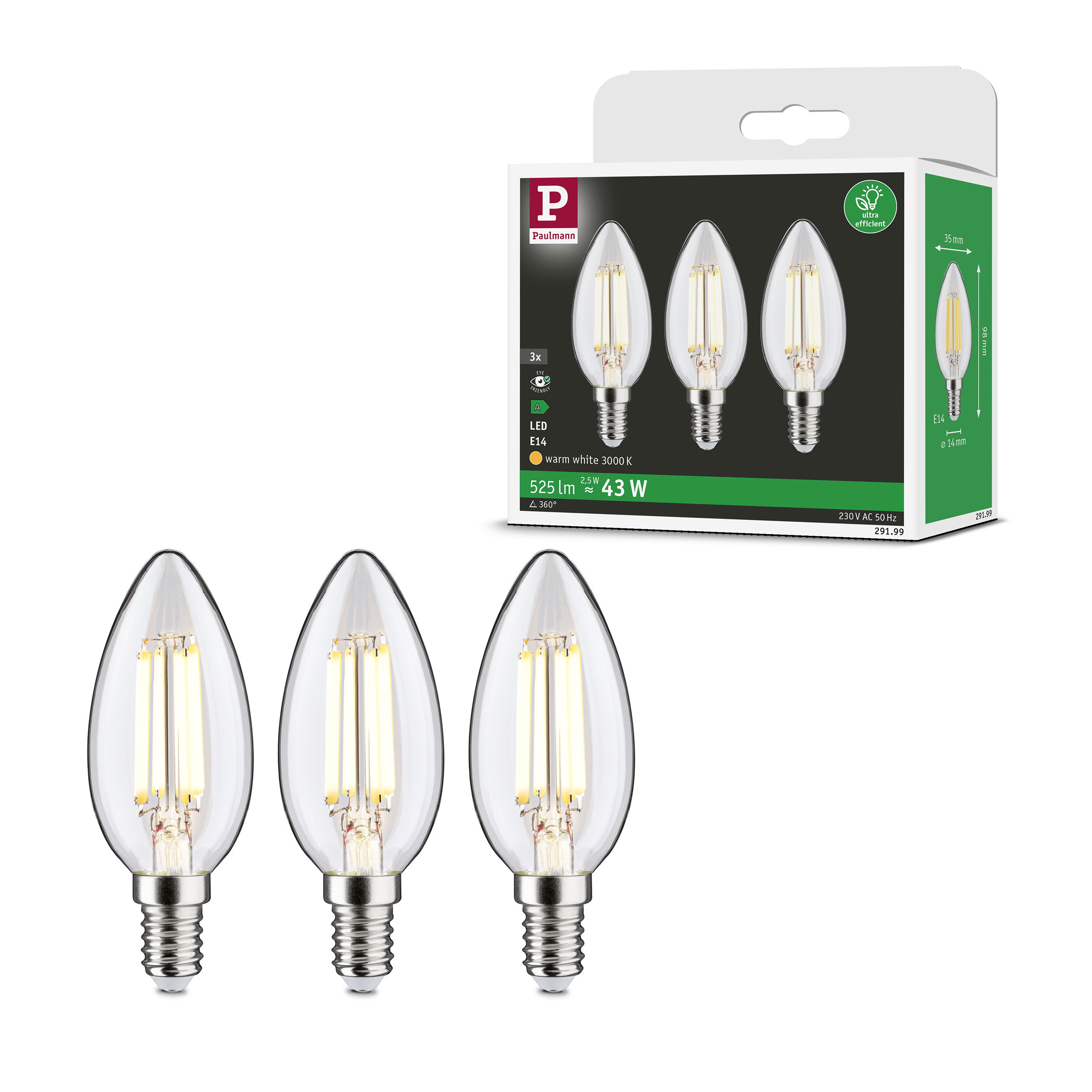 Paulmann LED-Leuchtmittel »Eco-Line Filament 230V LED Kerze E14 3er-Pack 52 günstig online kaufen