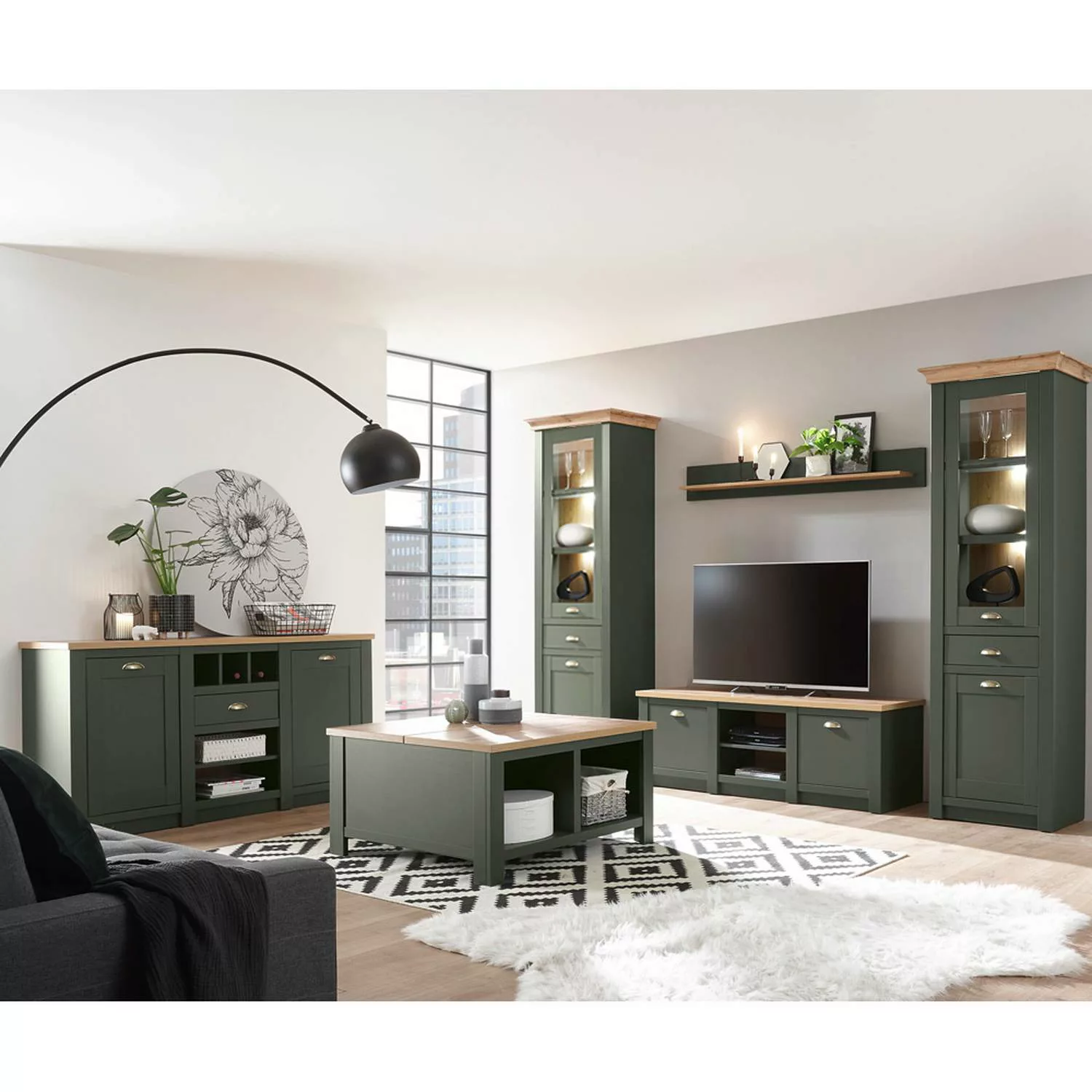 Landhaus Wohnwand Set mit Anrichte & Couchtisch CINCINNATI-61 in grün mit W günstig online kaufen