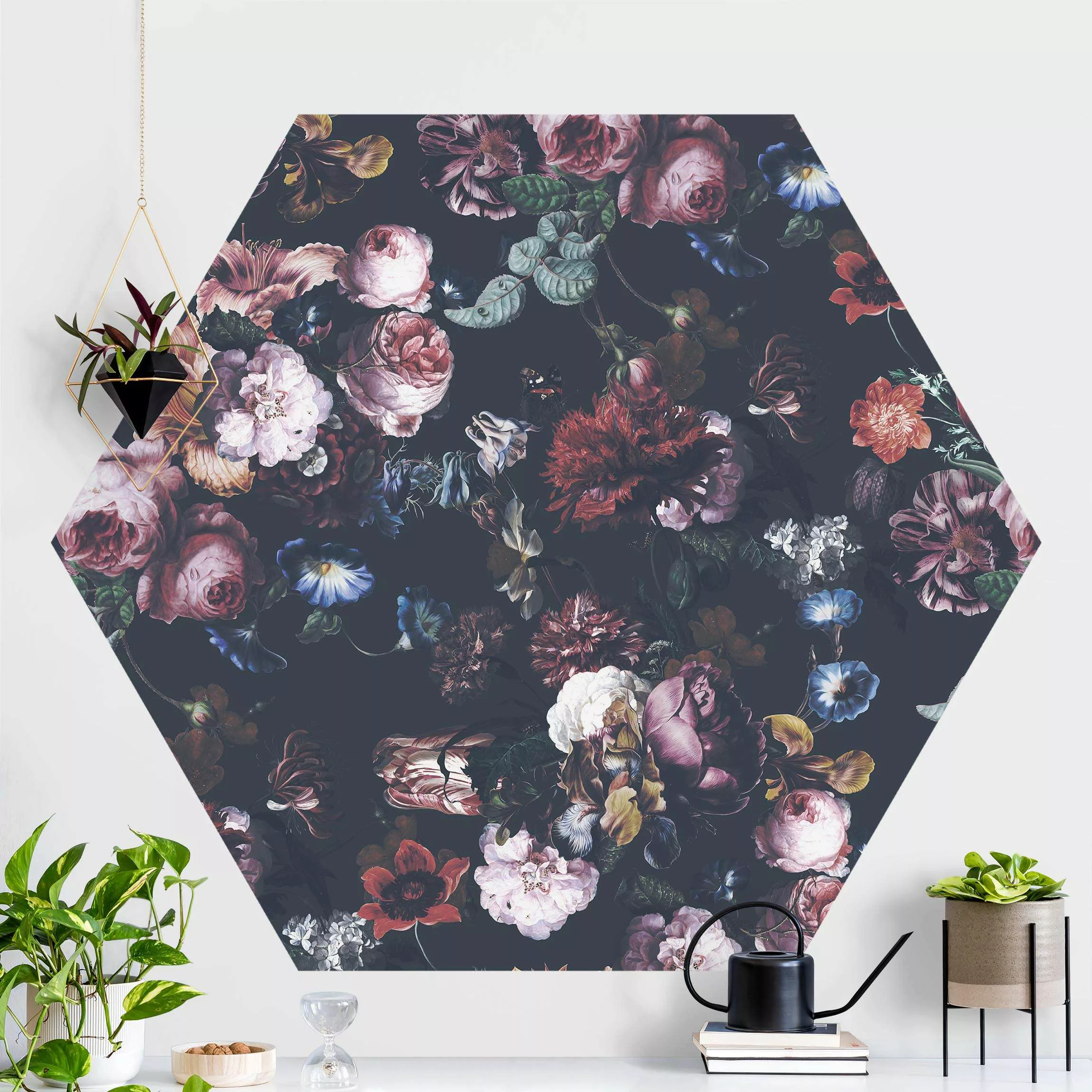 Hexagon Mustertapete selbstklebend Altmeisterliche Blüten mit Tulpen und Ro günstig online kaufen