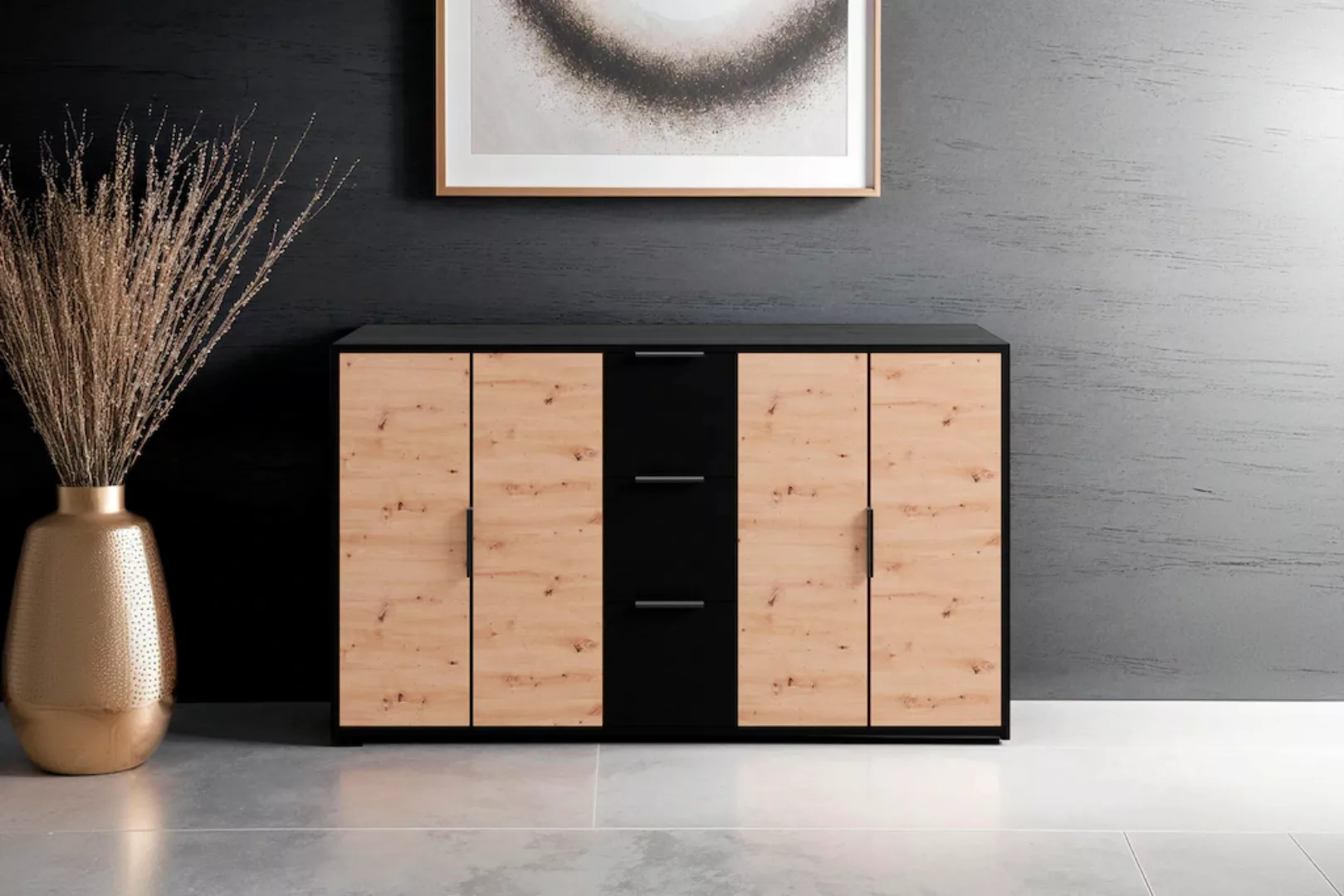 byLIVING Sideboard "Rimini", Melamin Eiche schwarz und Artisan Eiche, 3 Sch günstig online kaufen