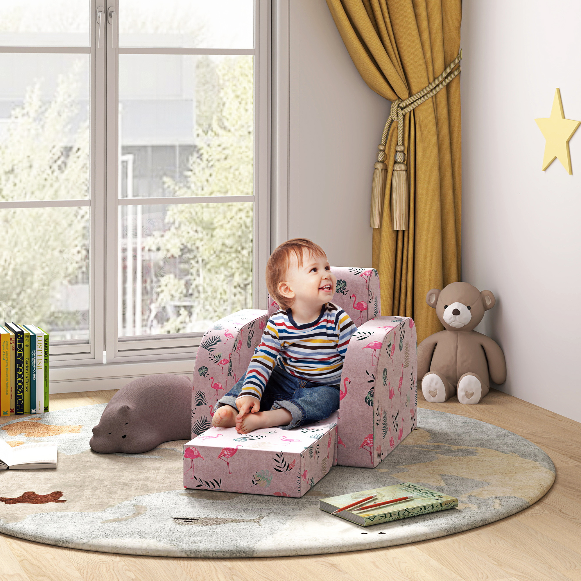 AIYAPLAY Kindersessel 2 in 1 Klappbar Kindersofa mit Liegefunktion Flamingo günstig online kaufen