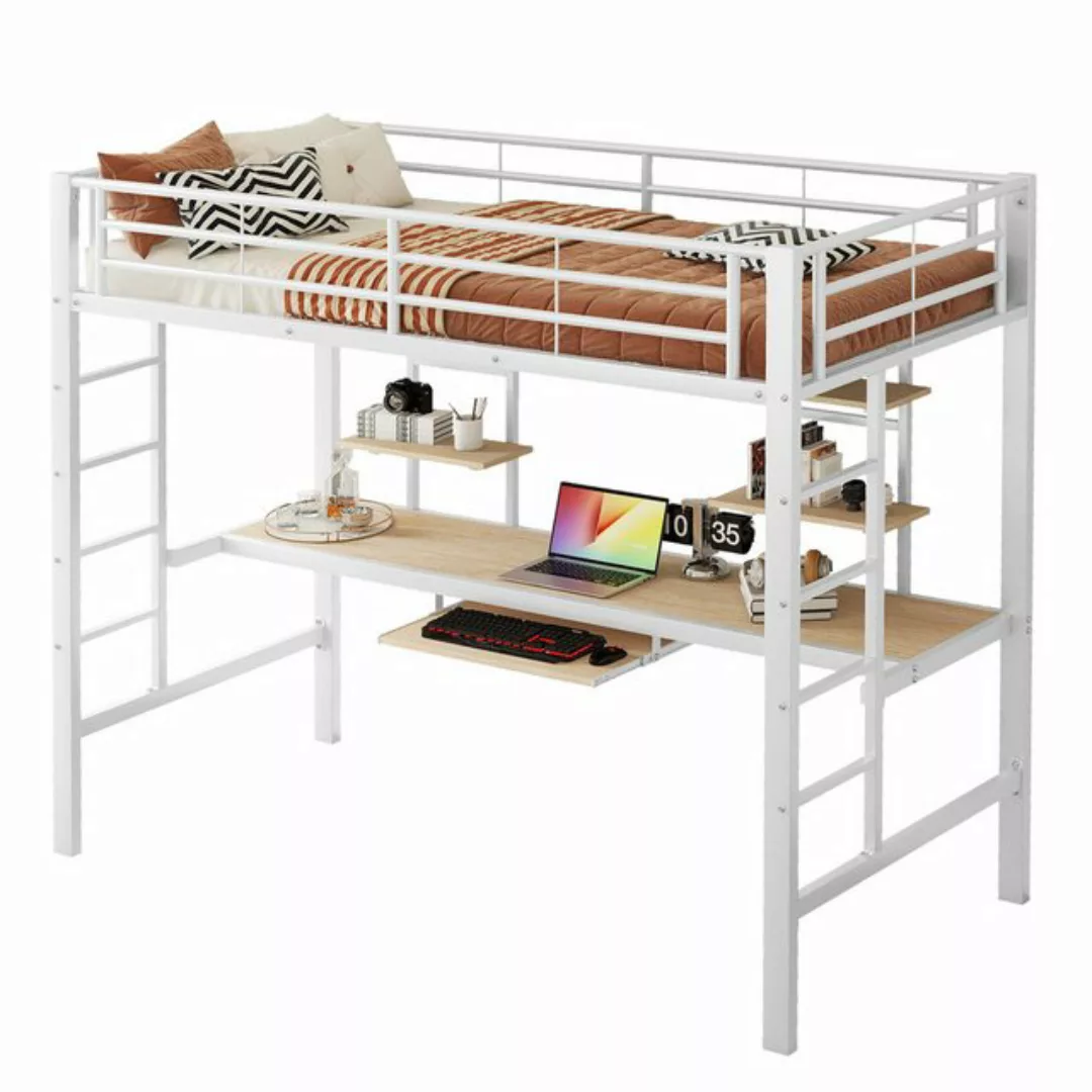 Odikalo Hochbett Jugendbett Metallbett Schreibtisch Bücherregalen Weiß 90/1 günstig online kaufen