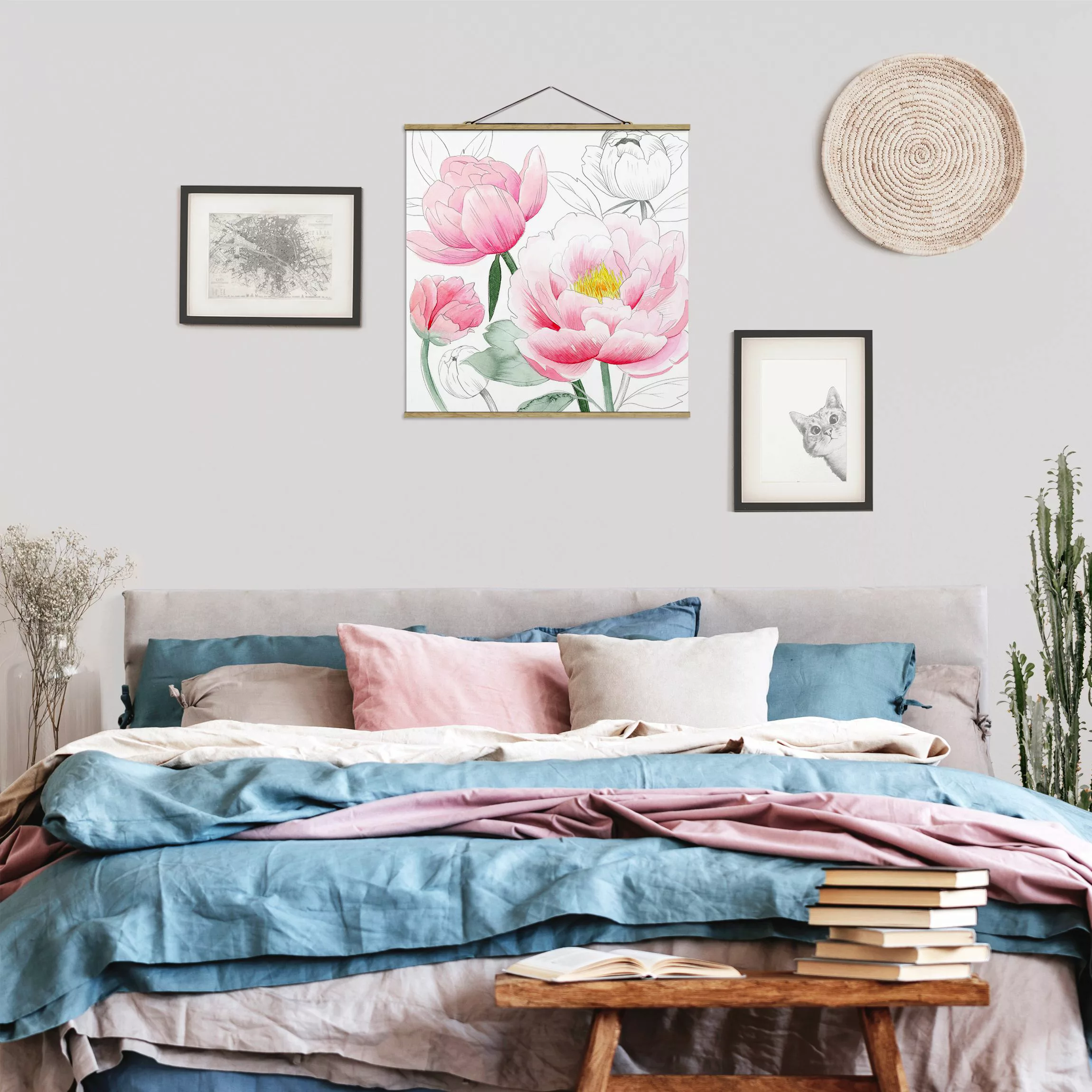 Stoffbild Blumen mit Posterleisten - Quadrat Zeichnung Rosa Päonien I günstig online kaufen