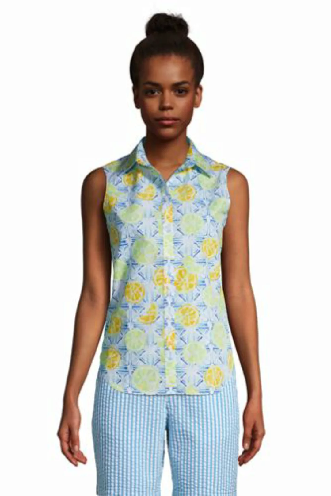 Ärmellose Supima Bügelfrei-Bluse mit Muster, Damen, Größe: XS Normal, Blau, günstig online kaufen