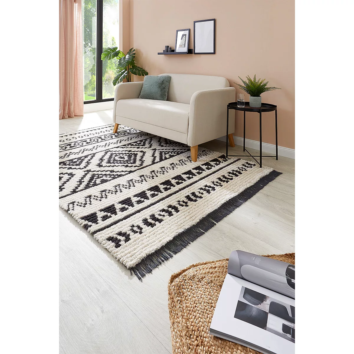 HOMCOM Hochflorteppich mit Fransen Beige-Schwarz 230 x 160 x 2,1 cm   Aosom günstig online kaufen