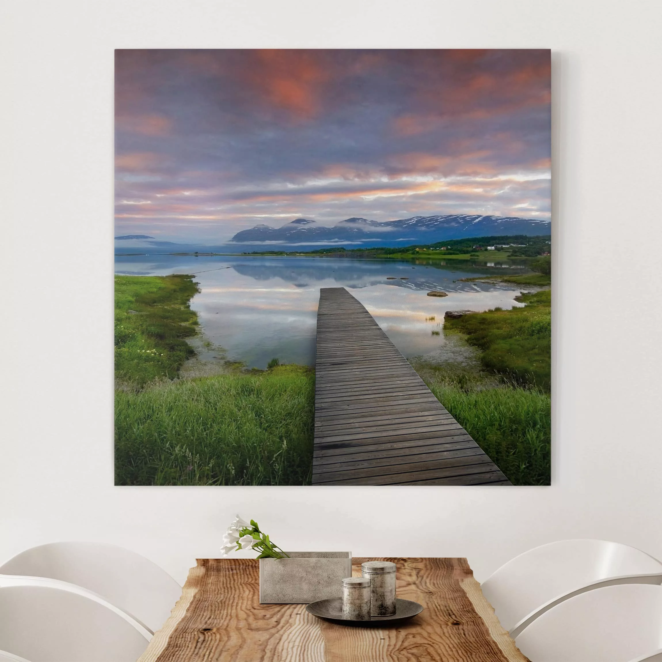 Leinwandbild Sonnenuntergang - Quadrat Norwegische Idylle günstig online kaufen