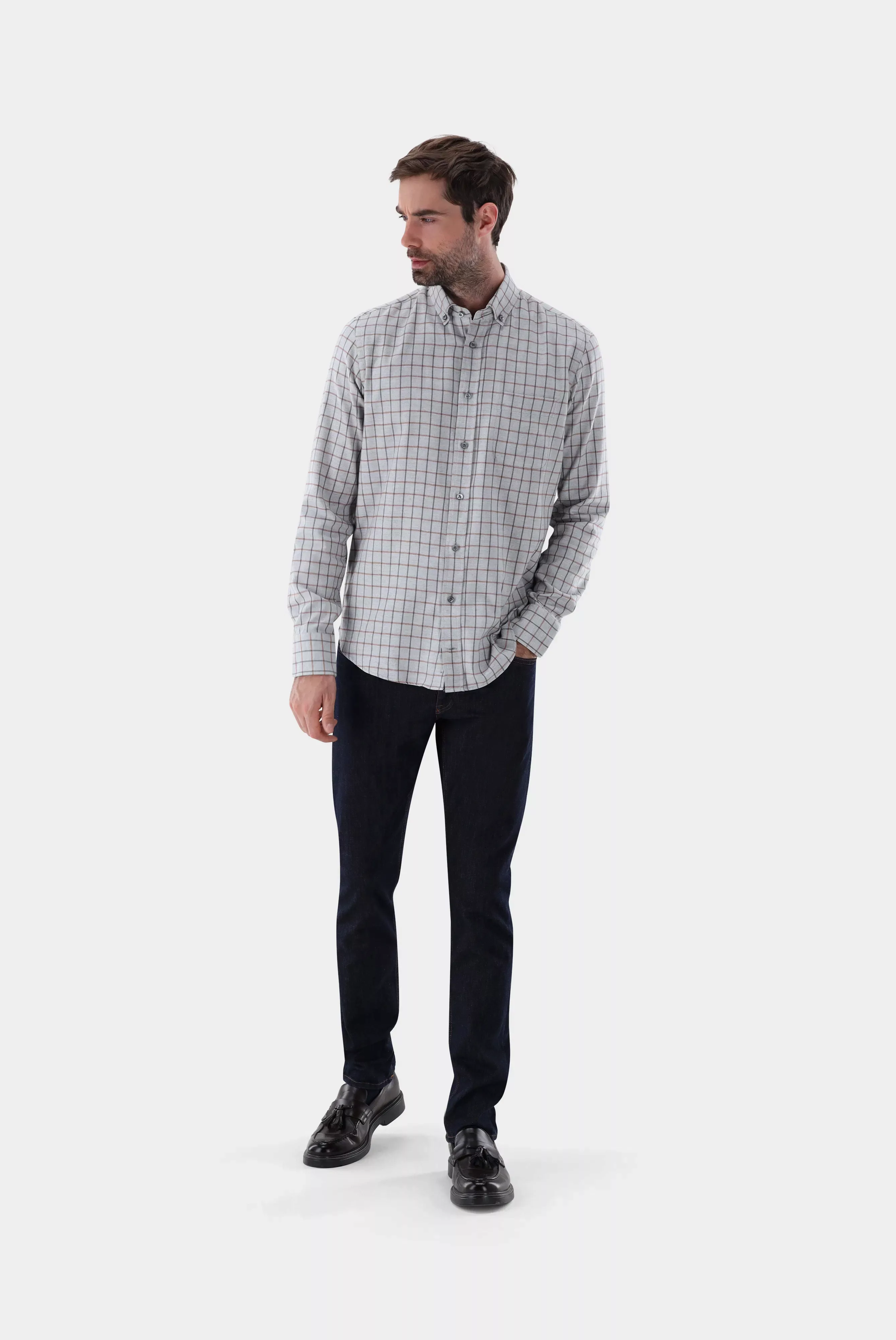 Flanellhemd mit Kragen-Kontrast Slim Fit günstig online kaufen