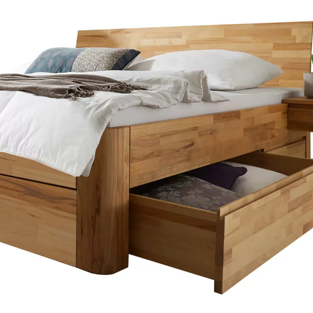 Massivholz Bett mit Schubladen in Kernbuchefarben 215 cm tief günstig online kaufen