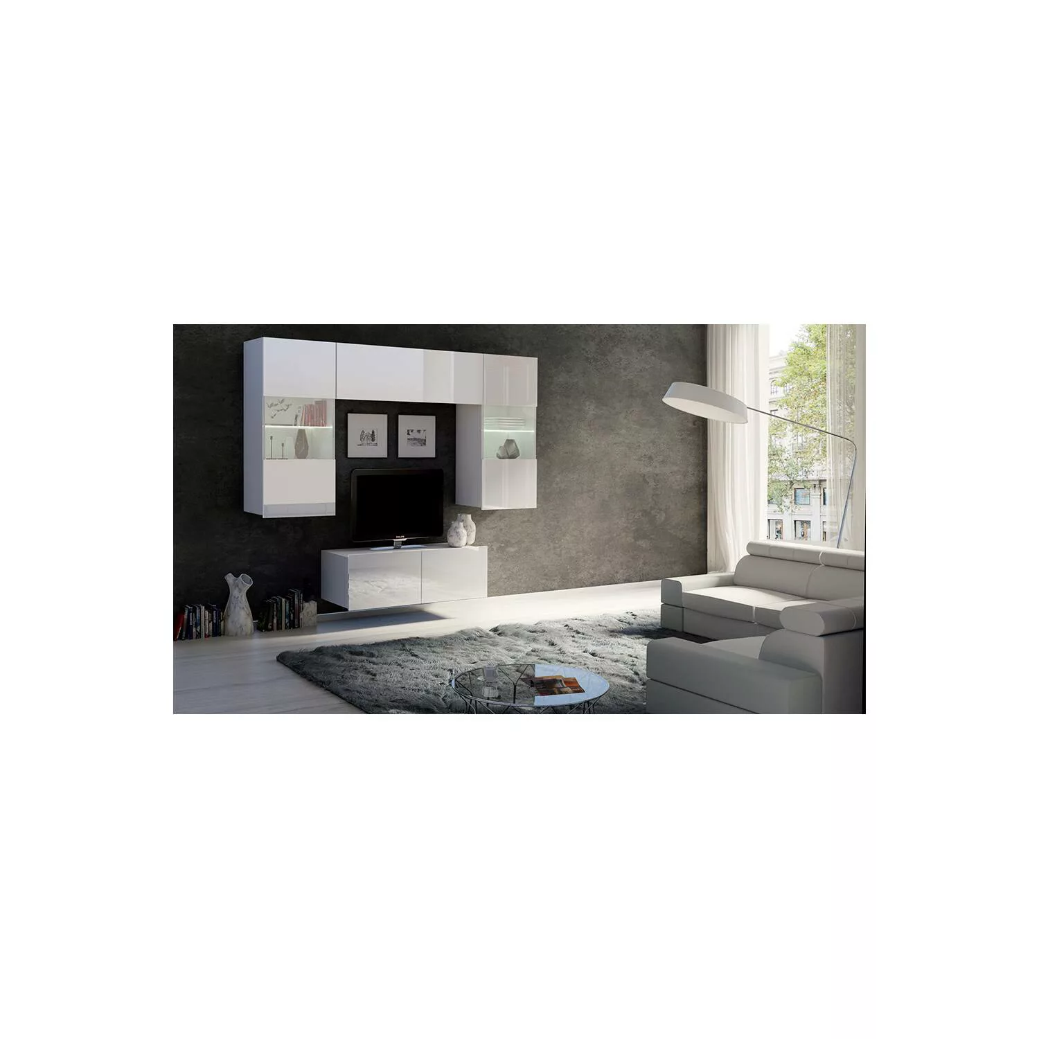 Wohnwand Set mit Couchtisch in weiß Hochglanz mit LED Beleuchtung CAIRNS-13 günstig online kaufen