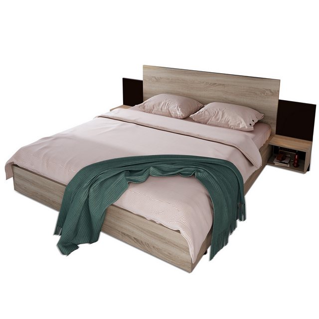 EXTSUD Holzbett Doppelbett aus Holz Bett 160 x 200 cm mit 2 Nachttischen Mo günstig online kaufen