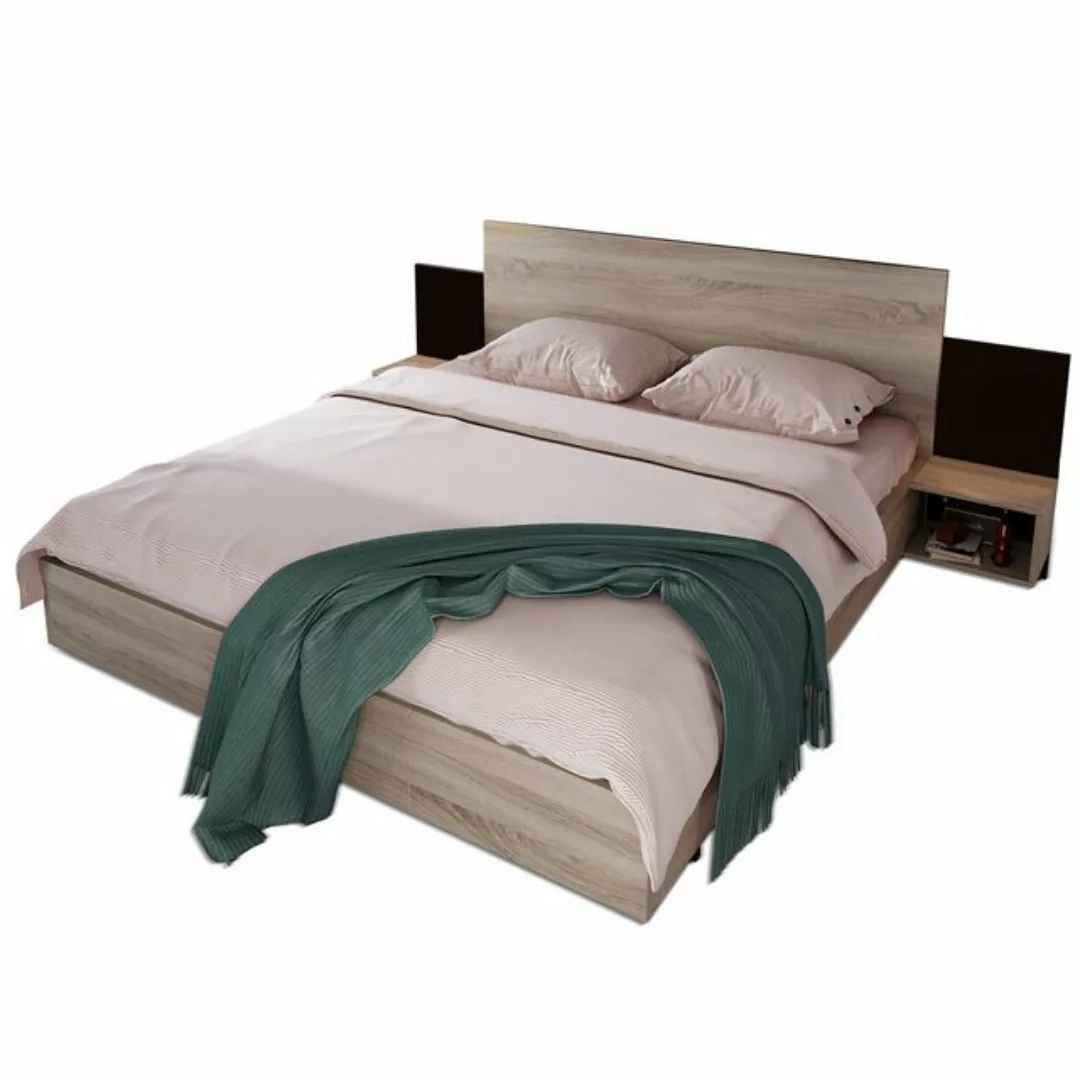 EXTSUD Holzbett Doppelbett aus Holz Bett 160 x 200 cm mit 2 Nachttischen Mo günstig online kaufen