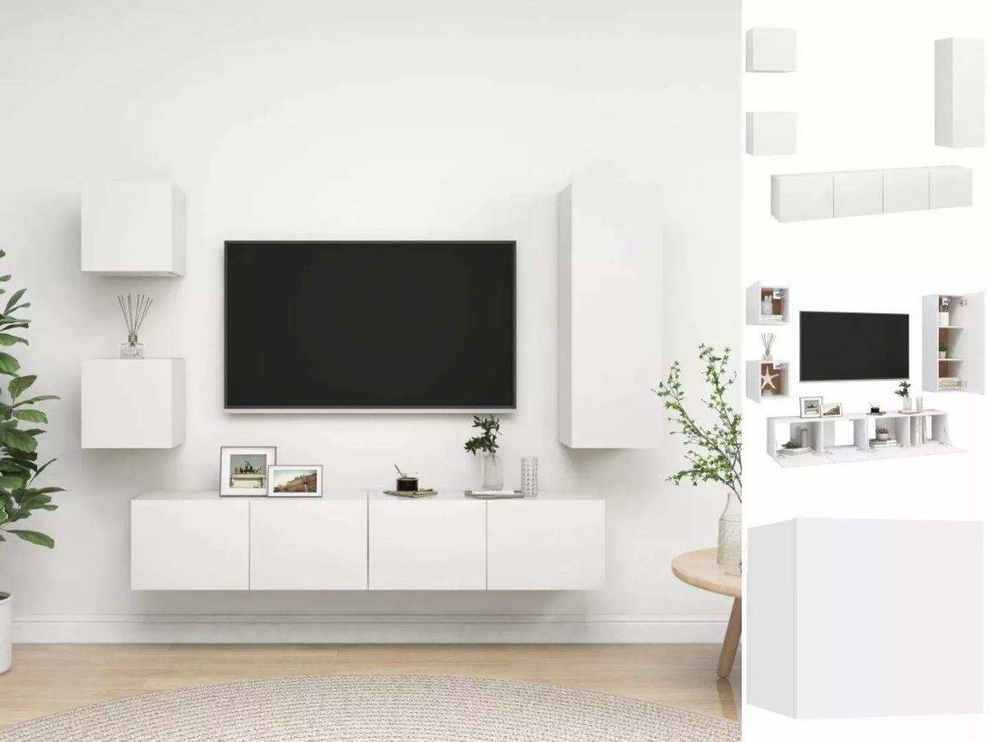 vidaXL Kleiderschrank 5-tlg TV-Schrank-Set Weiß Spanplatte TV-Konsole für F günstig online kaufen