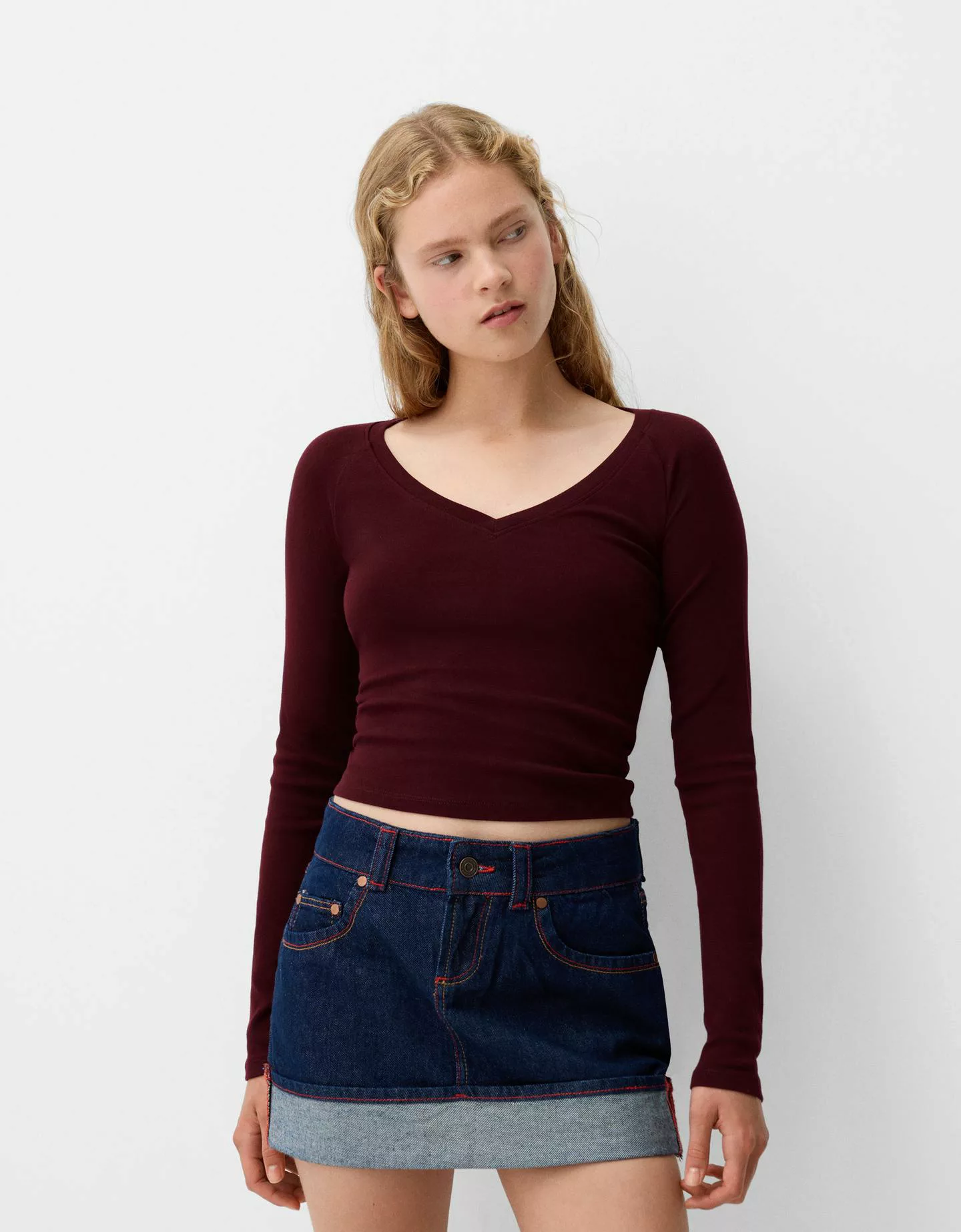 Bershka Langarmshirt Mit V-Ausschnitt Damen L Weinrot günstig online kaufen