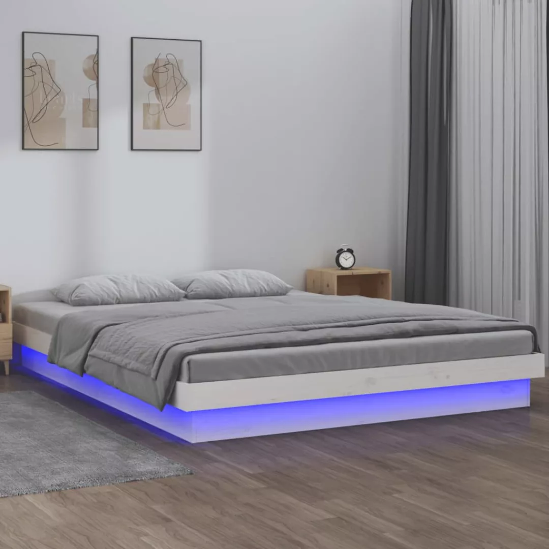 vidaXL Bettgestell Massivholzbett mit LEDs Weiß 140x190 cm Bett Bettgestell günstig online kaufen
