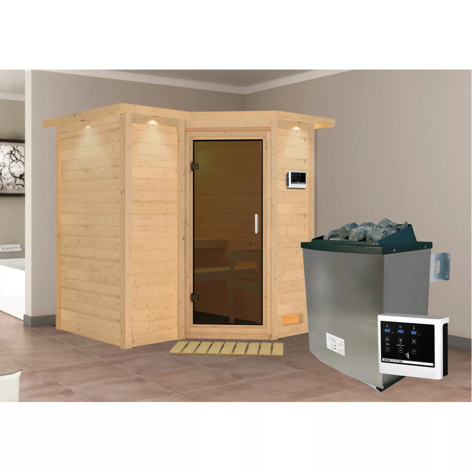 Woodfeeling Sauna-Set Steena 1 inkl. Ofen 9 kW mit ext. Steuerung, Tür Grap günstig online kaufen