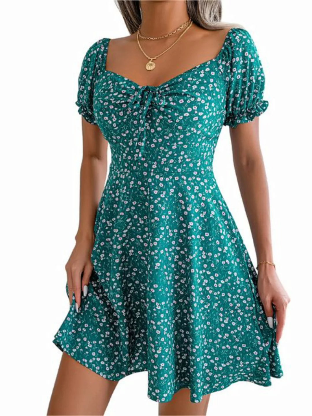 Mayou Sommerkleid Damen Blumenmuster Freizeitkleid Puffärmel Strandkleider günstig online kaufen