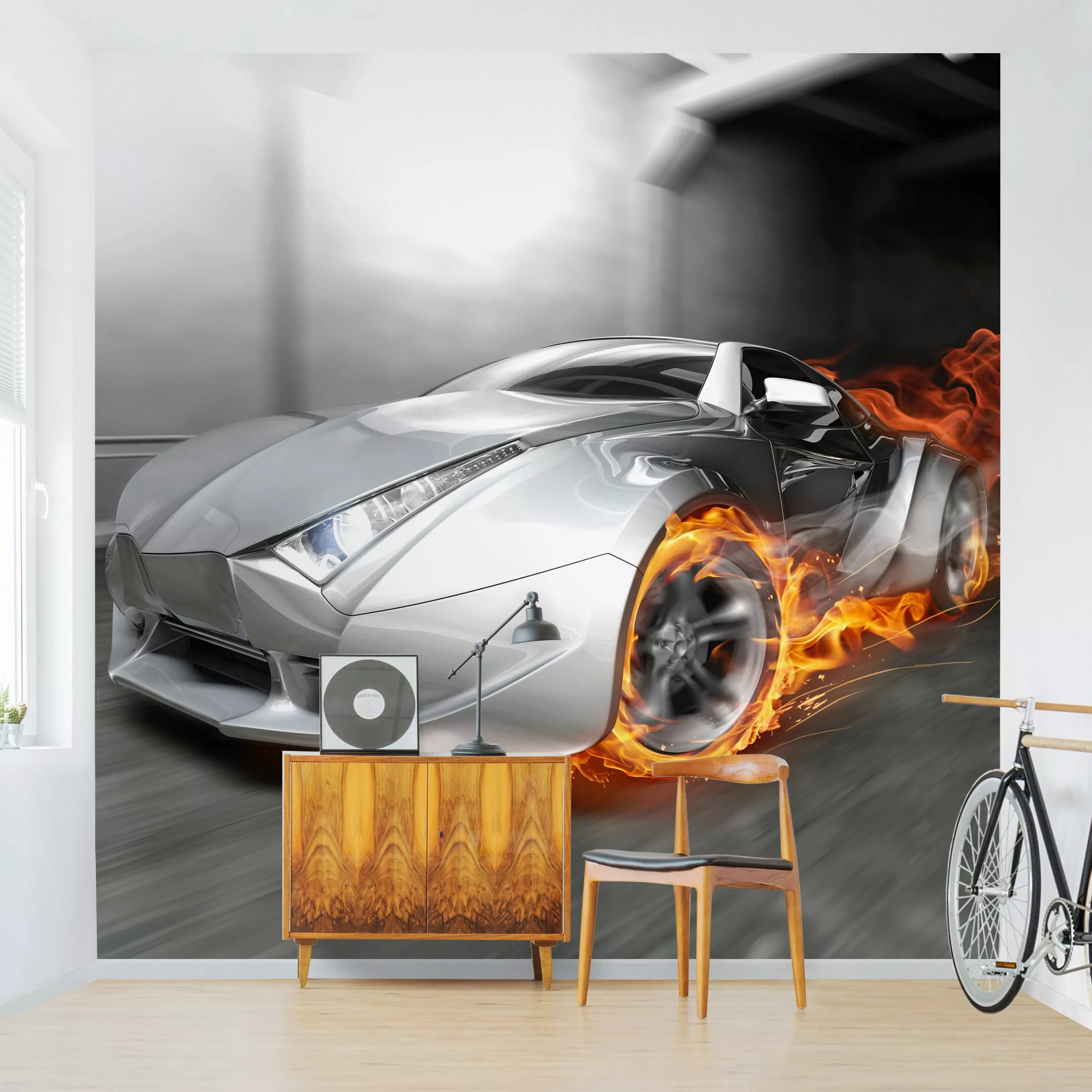 Bilderwelten Kindertapete Supercar in Flammen bunt Gr. 192 x 192 günstig online kaufen