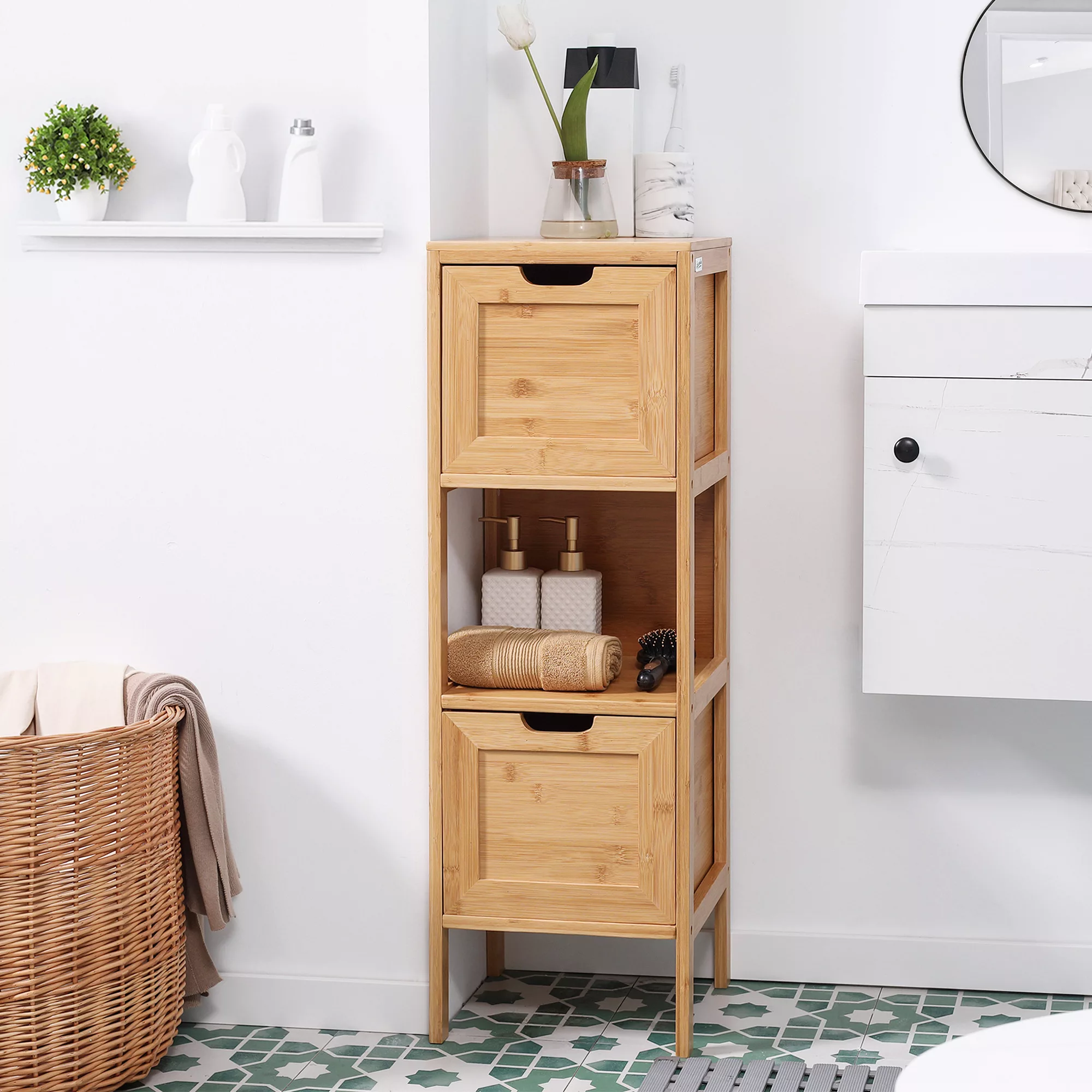 kleankin Badezimmerschrank  Aufbewahrungsschrank aus Bambus mit 2 Schublade günstig online kaufen