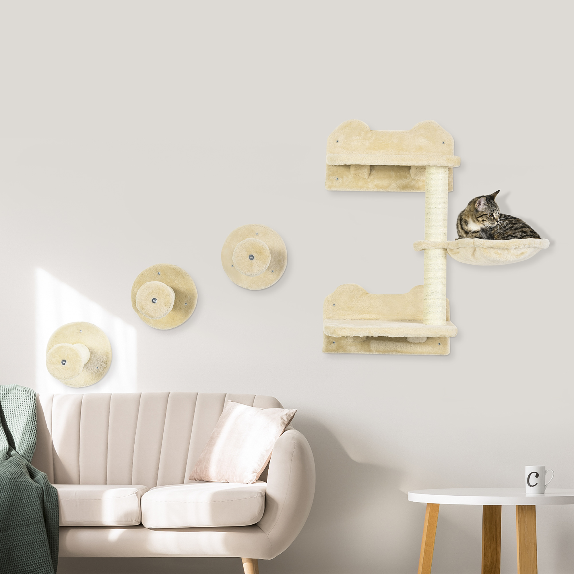 HOMCOM Sprungturm mit 3 Kratzbäumen, Kletterwand & Hängematte, Beige Cremew günstig online kaufen