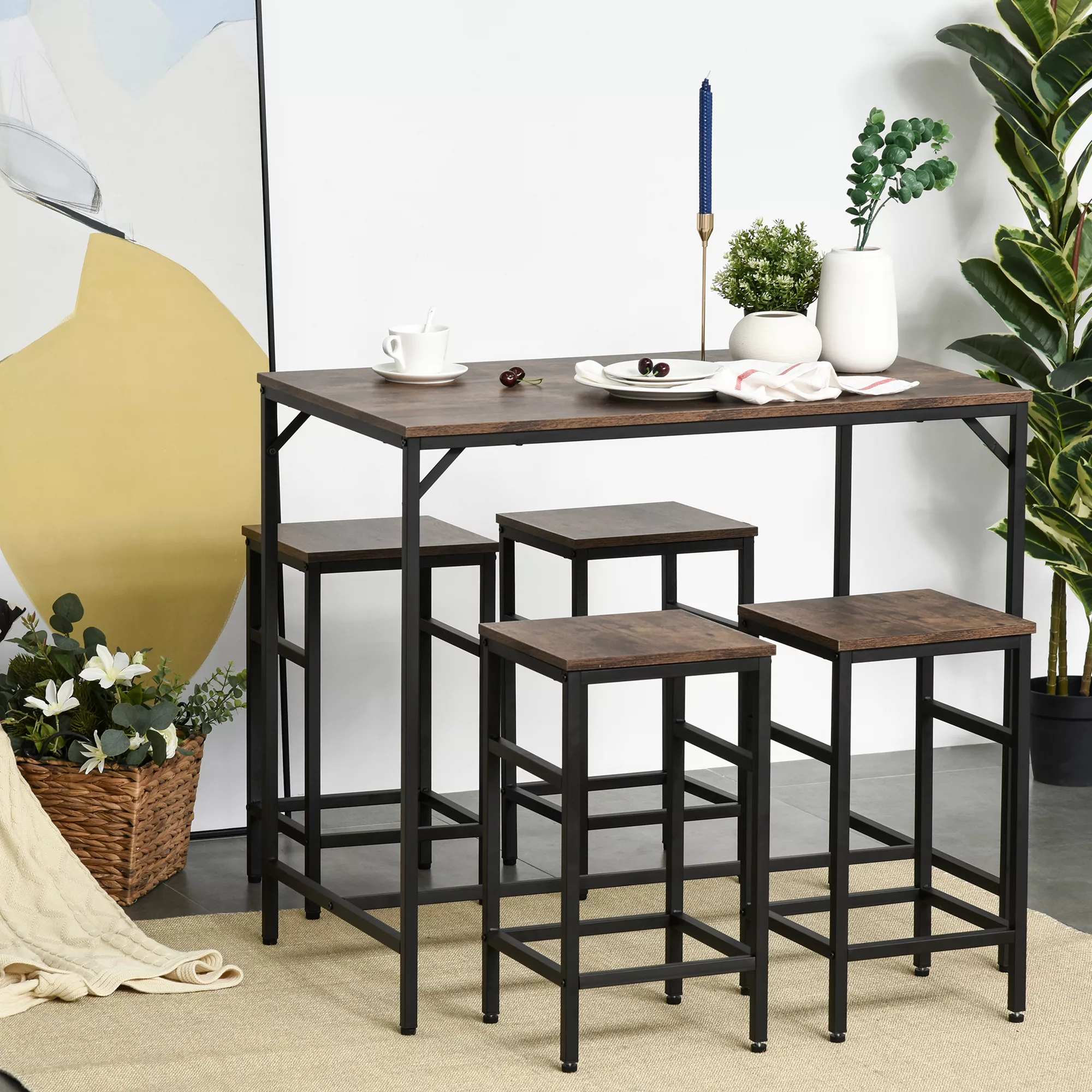 HOMCOM Bartisch-Set  Stehtisch mit 4 Barhockern, 5-teiliges Tischset für Kü günstig online kaufen