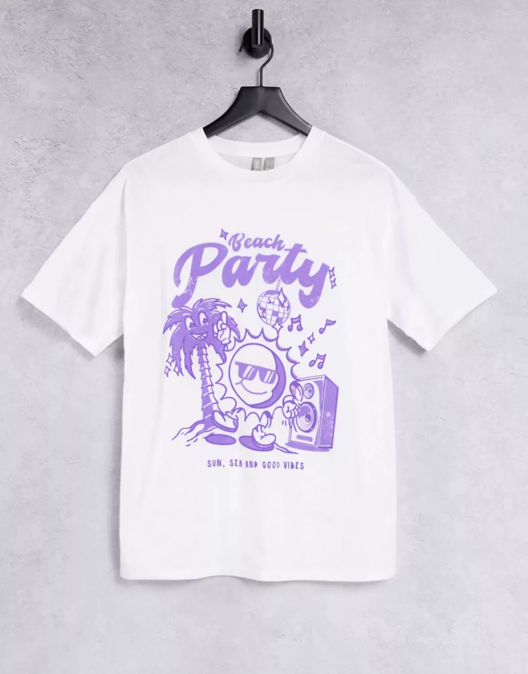 ASOS DESIGN – Oversize-T-Shirt mit „Beach Party“-Grafik in Weiß günstig online kaufen