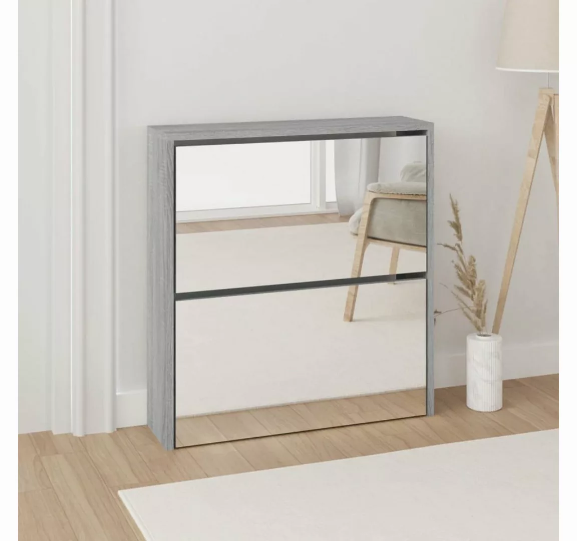 furnicato Schuhschrank mit Spiegel 2 Fächer Grau Sonoma 63x17x67 cm günstig online kaufen