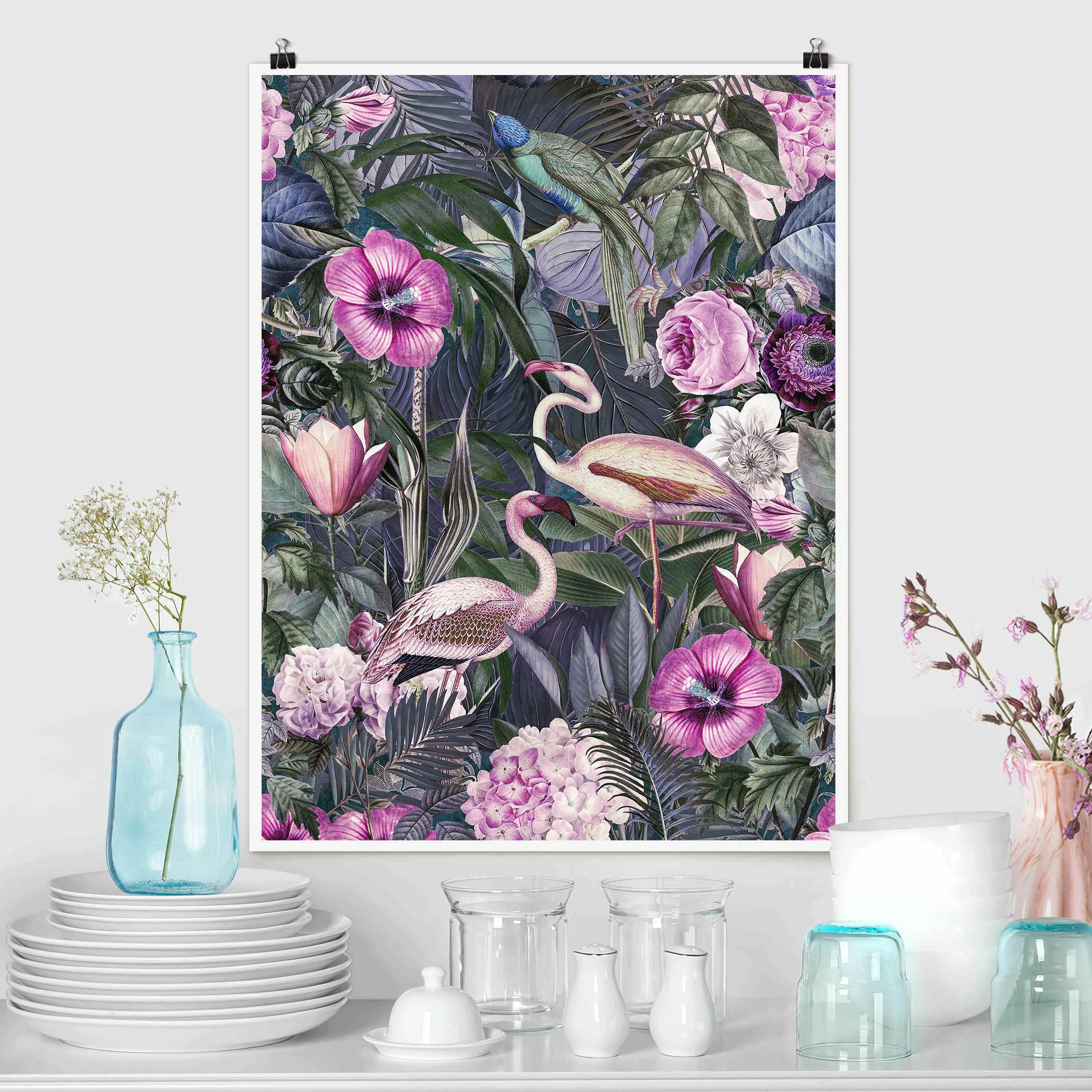 Poster Bunte Collage - Pinke Flamingos im Dschungel günstig online kaufen