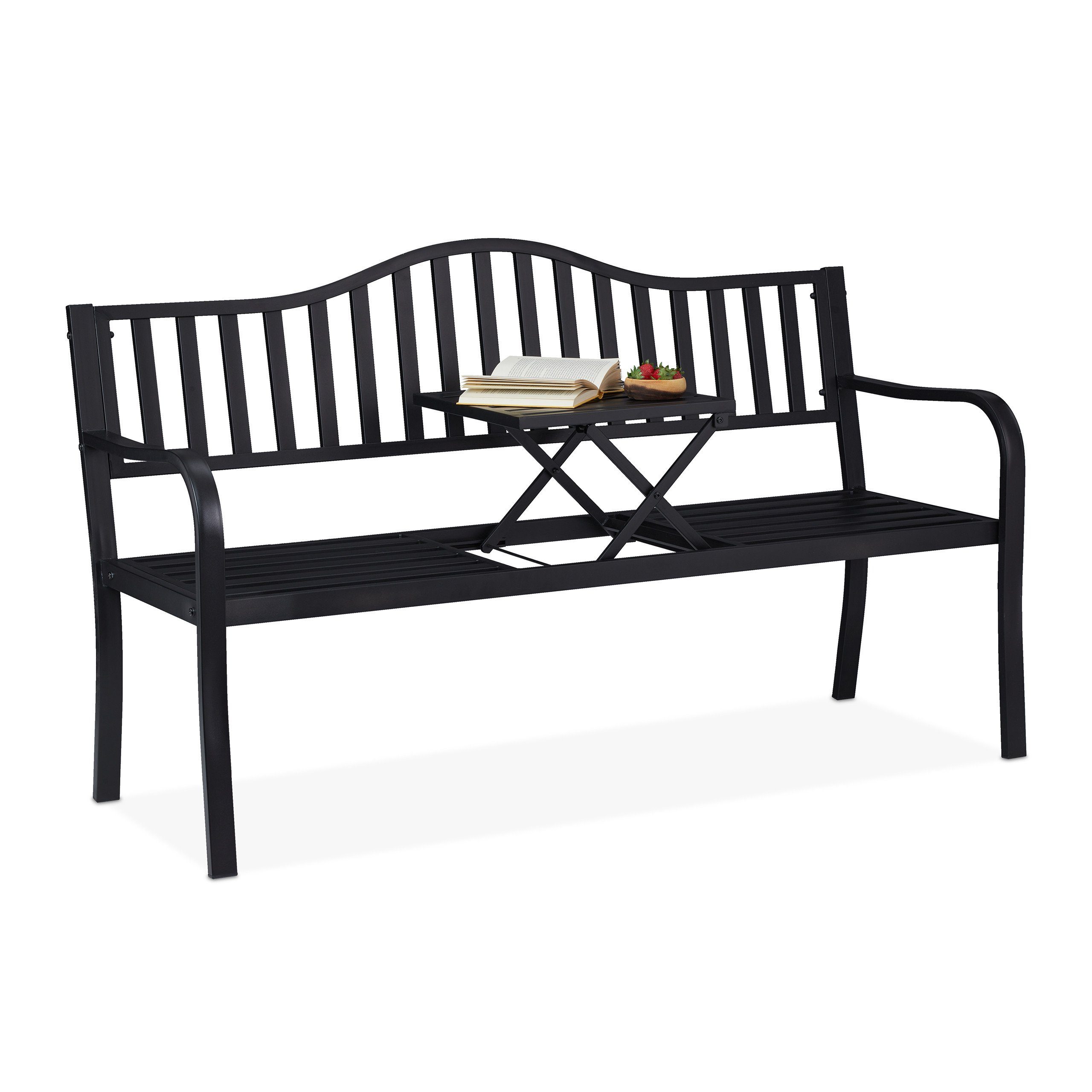relaxdays Gartenbank mit Klapptisch, Schwarz günstig online kaufen