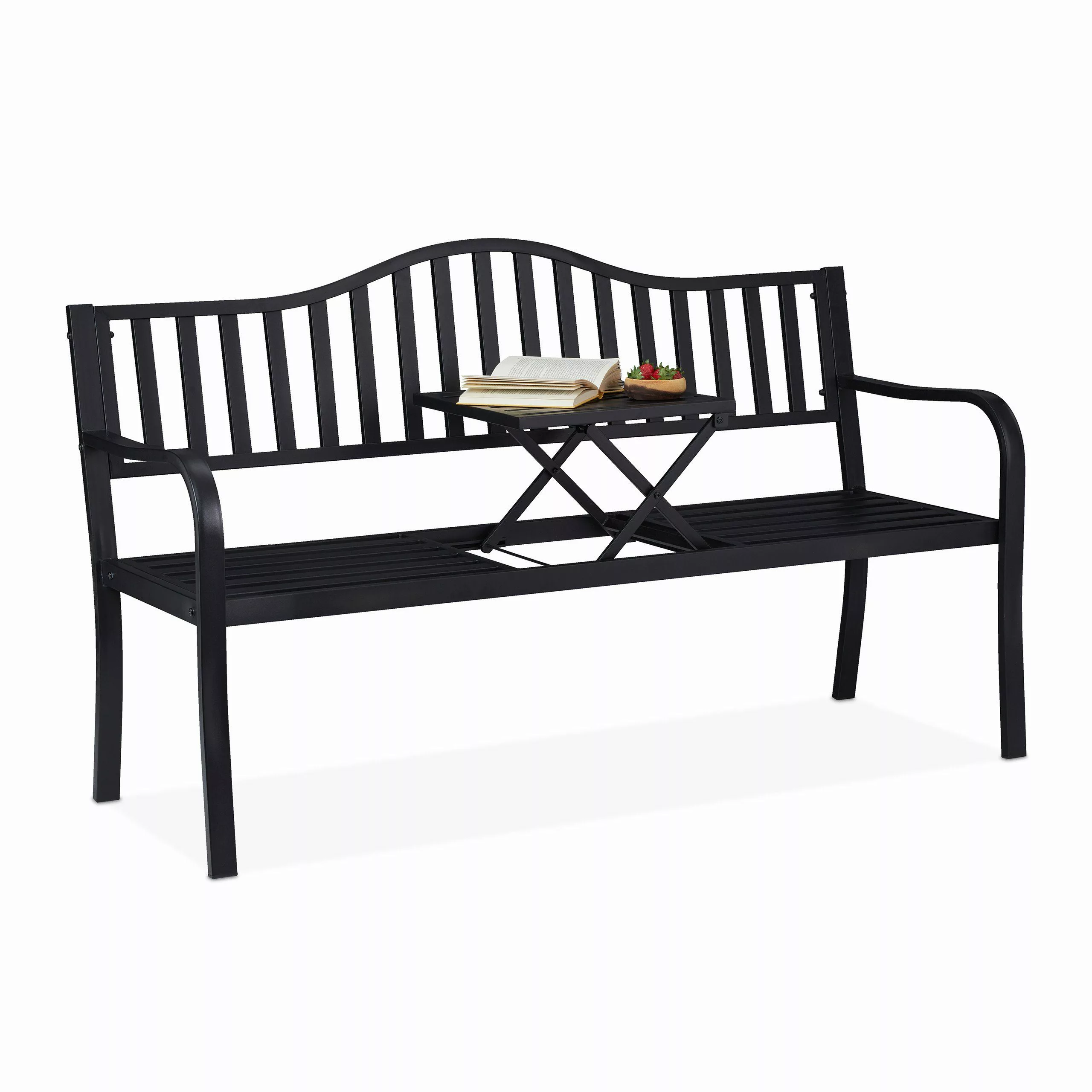 relaxdays Gartenbank mit Klapptisch, Schwarz günstig online kaufen