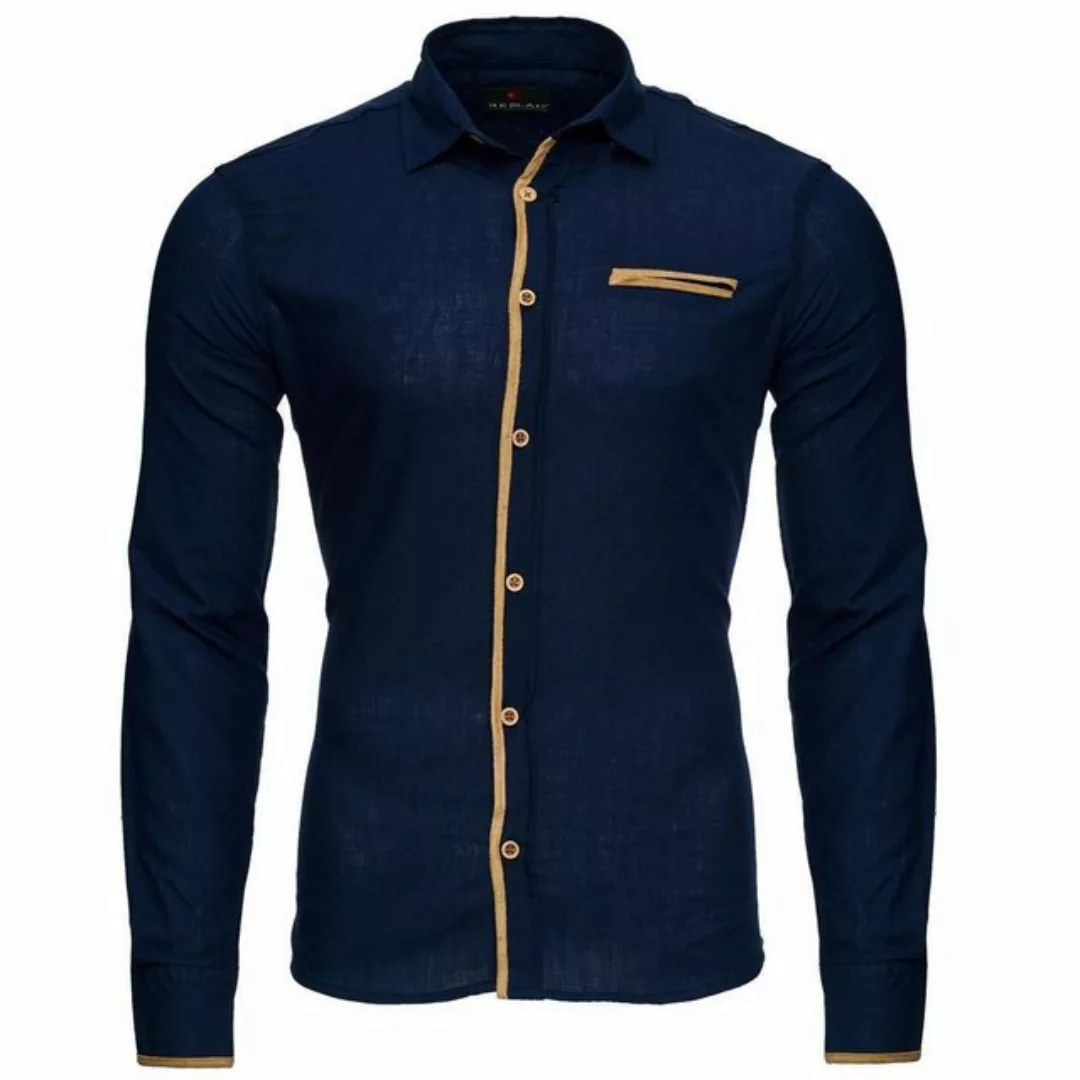 Reslad Langarmhemd Reslad Herren Hemd Patched Leinen Look Langarmhemd RS-72 günstig online kaufen