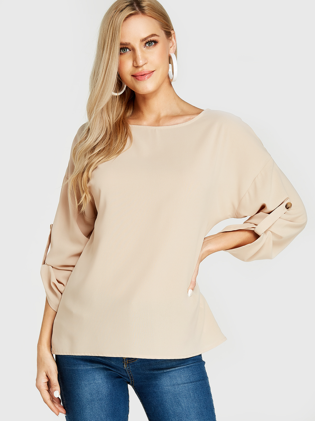 YOINS BASICS Beige Langarmblusen mit rundem Hals günstig online kaufen