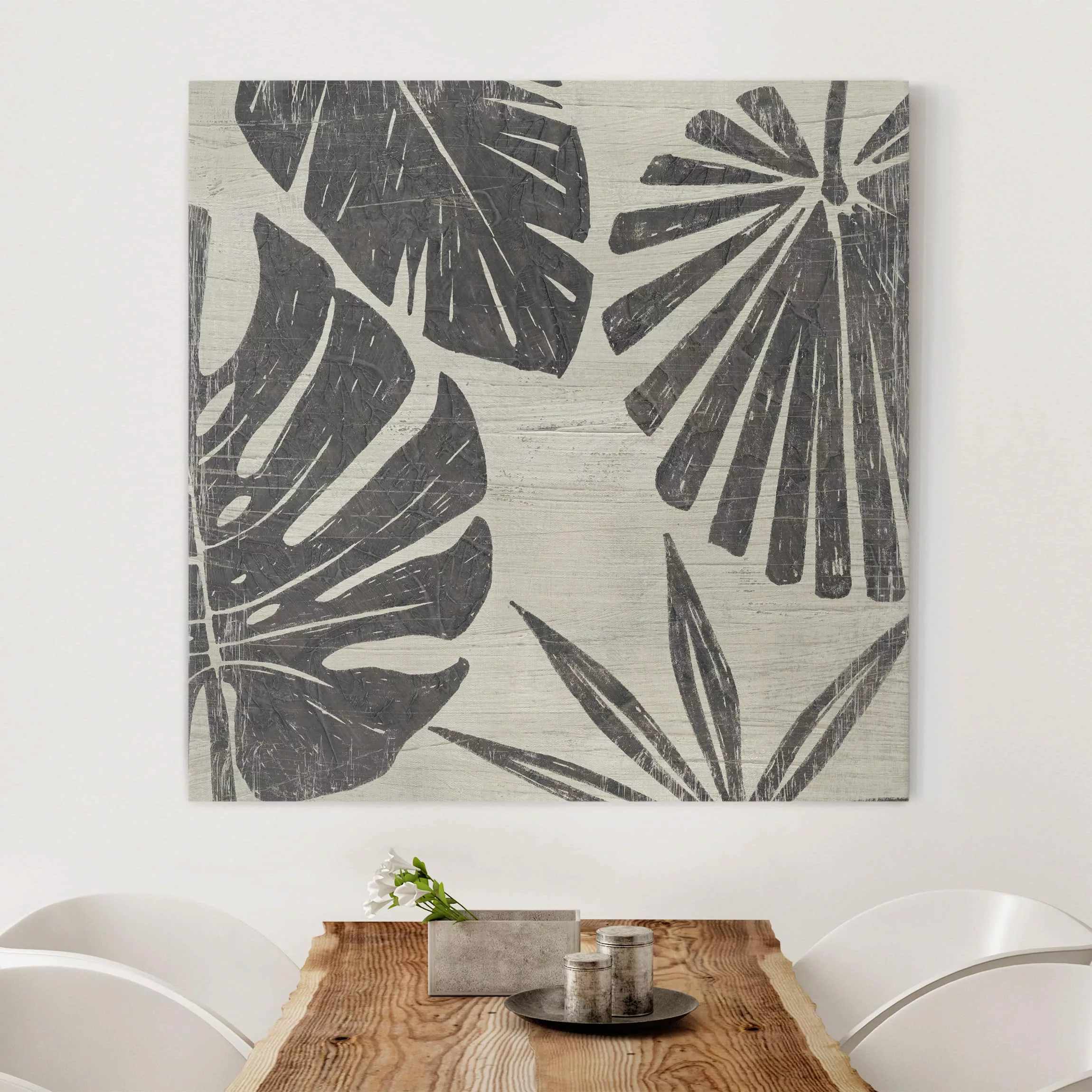 Leinwandbild Botanik - Quadrat Palmenblätter vor Hellgrau günstig online kaufen