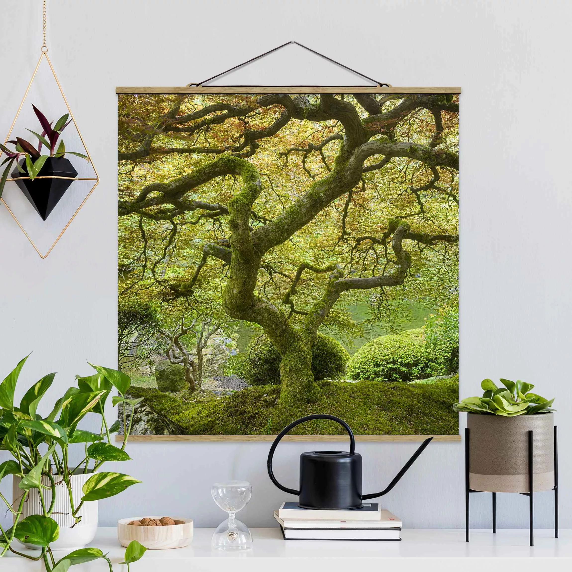 Stoffbild Landschaft mit Posterleisten - Quadrat Grüner Japanischer Garten günstig online kaufen