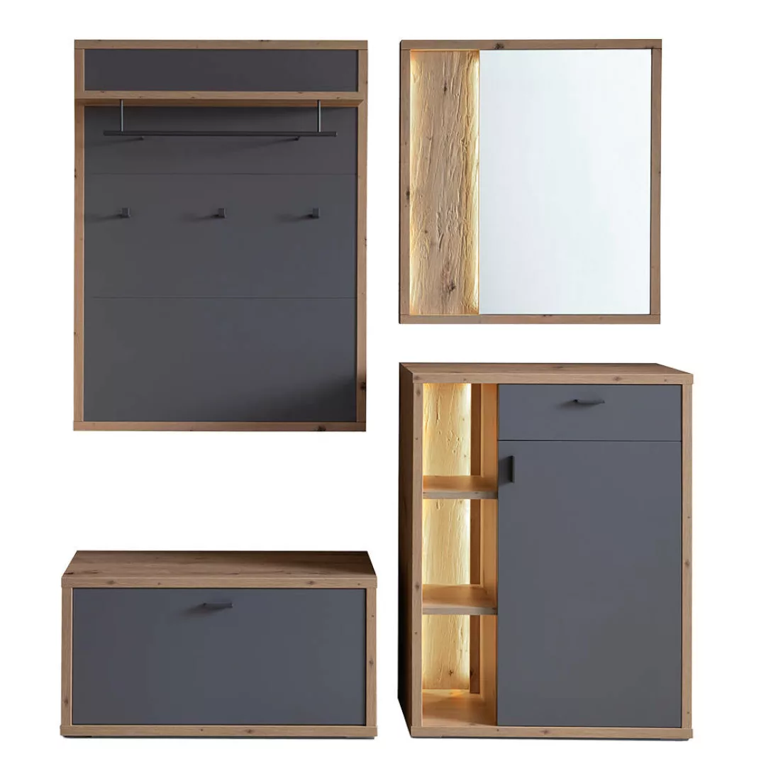 Garderoben Set 4-teilig mit Kommode, grau matt, Eiche, LAKELAND-05 günstig online kaufen