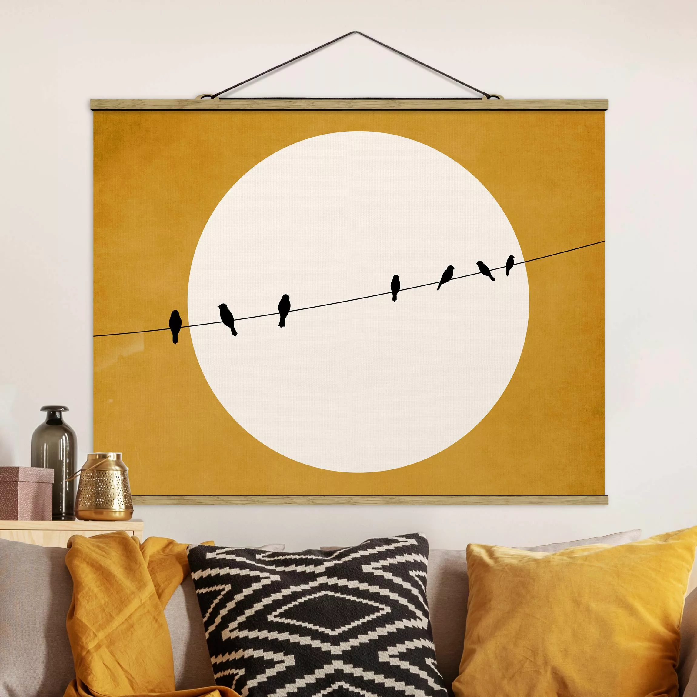 Stoffbild mit Posterleisten Zwitschernde Vögel in der Abenddämmerung günstig online kaufen