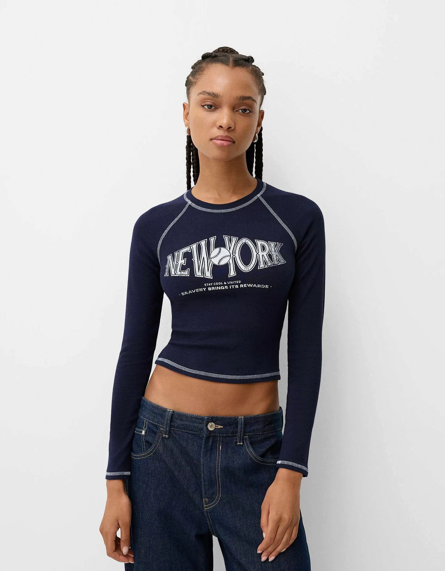 Bershka Langarmshirt Mit Kontrast Und Print Damen Xs Dunkelblau günstig online kaufen