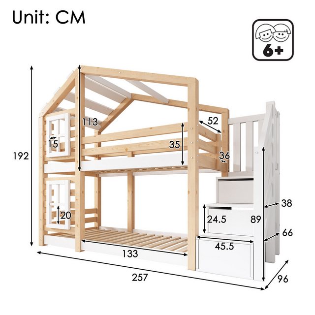 Flieks Etagenbett, Hochbett Hausbett Treppe mit 2 Schubladen Kiefer 90x200c günstig online kaufen