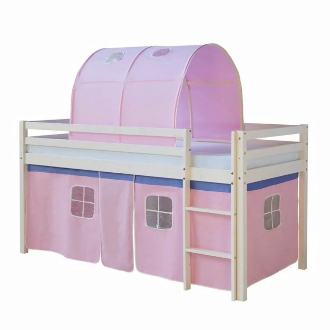 Homestyle4u Hochbett Kinderbett mit Leiter und Vorhang Weiß Rosa Holz Trepp günstig online kaufen